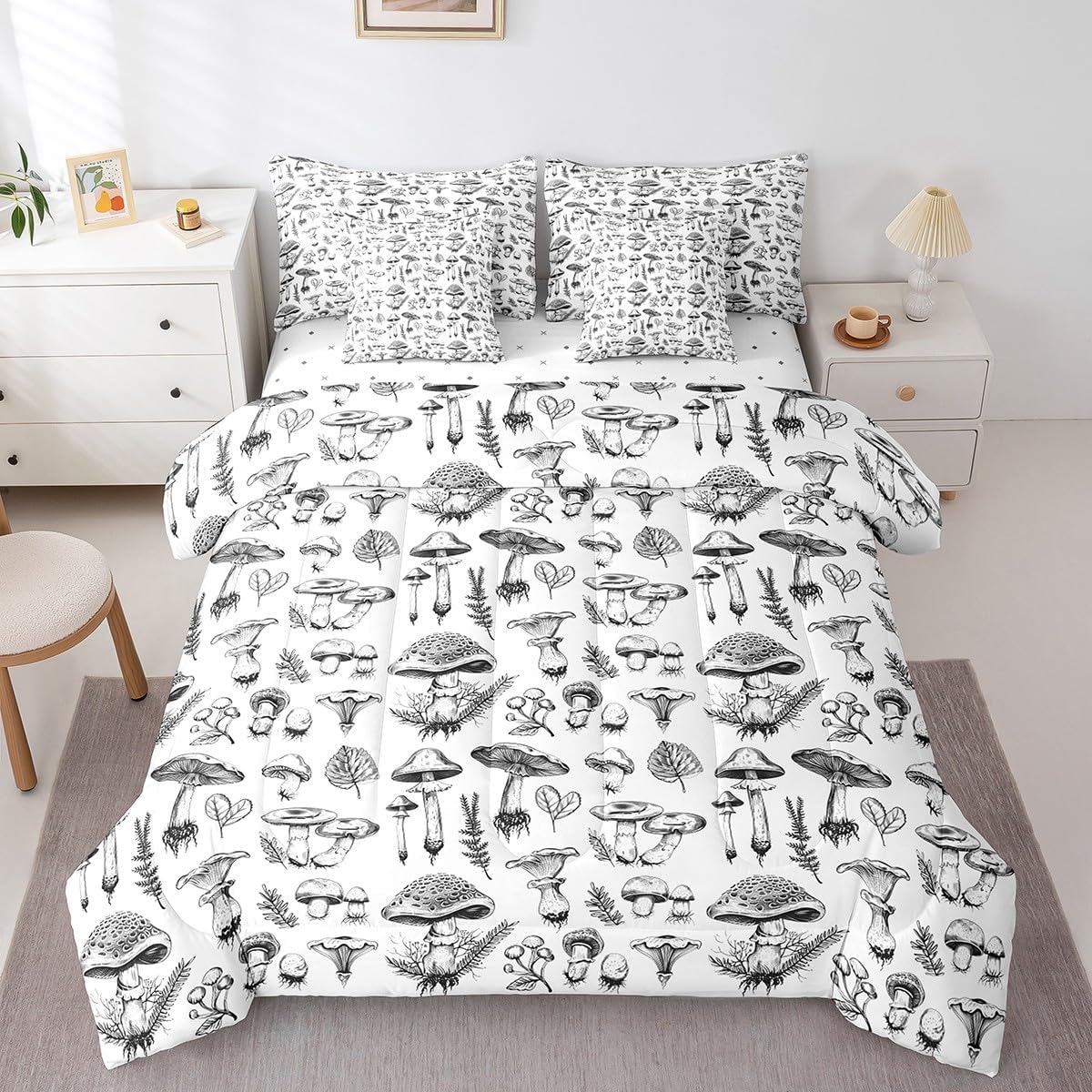 7 Pieces Queen Size Mushroom Comforter Set,Hand Drawn Sketch Rustic Bedding Set for Boys Girls,Botanical Plants Weed Flowers Retro (Comforter+Fitted+Flat Sheet+2 Pillowcases+2 Throw Pillow Covers）