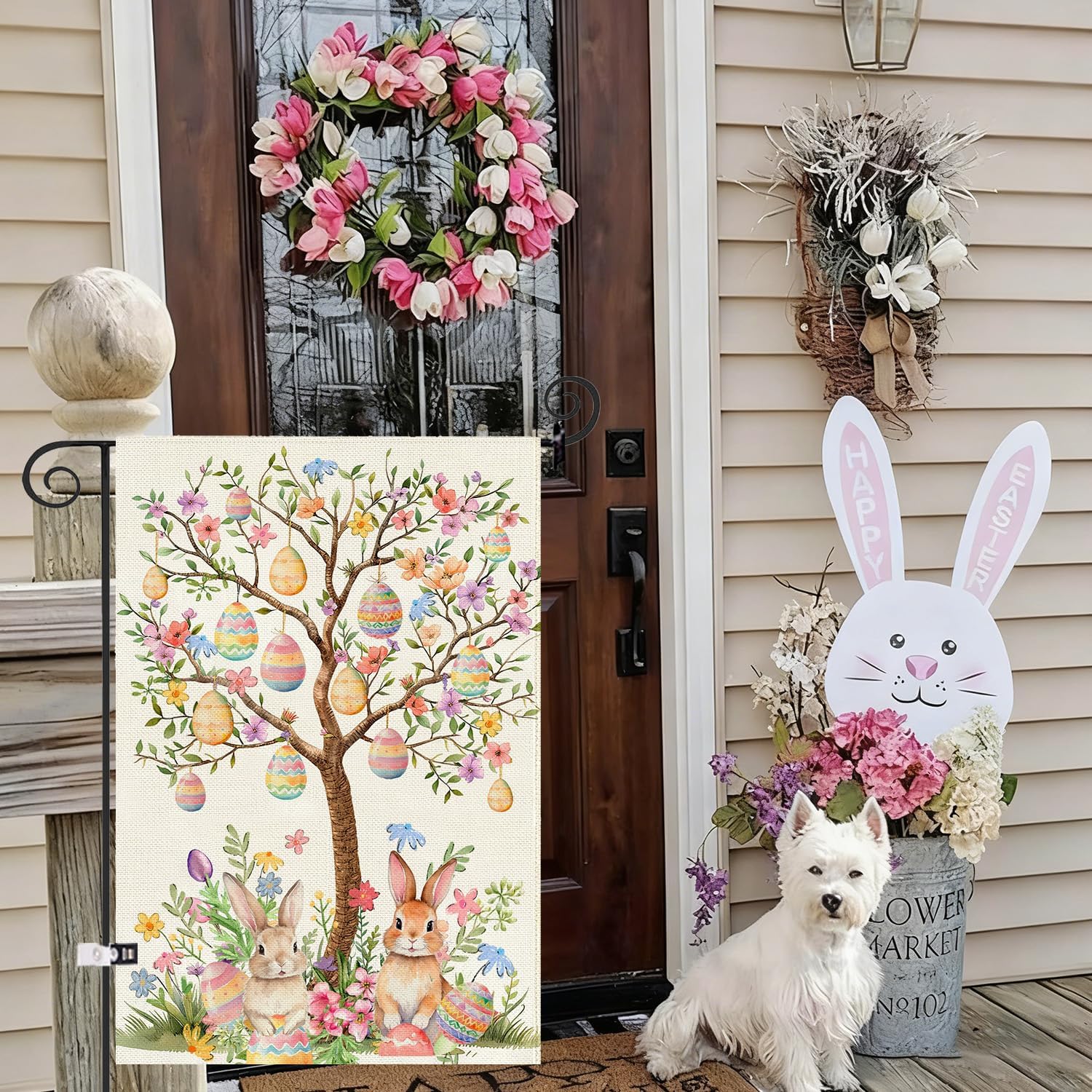Baccessor Happy Easter Garden Flag 12x18 Inch Double Sided Outside,Easter Eggs Tree Bunny Holiday Yard Outdoor Flag - Image 3