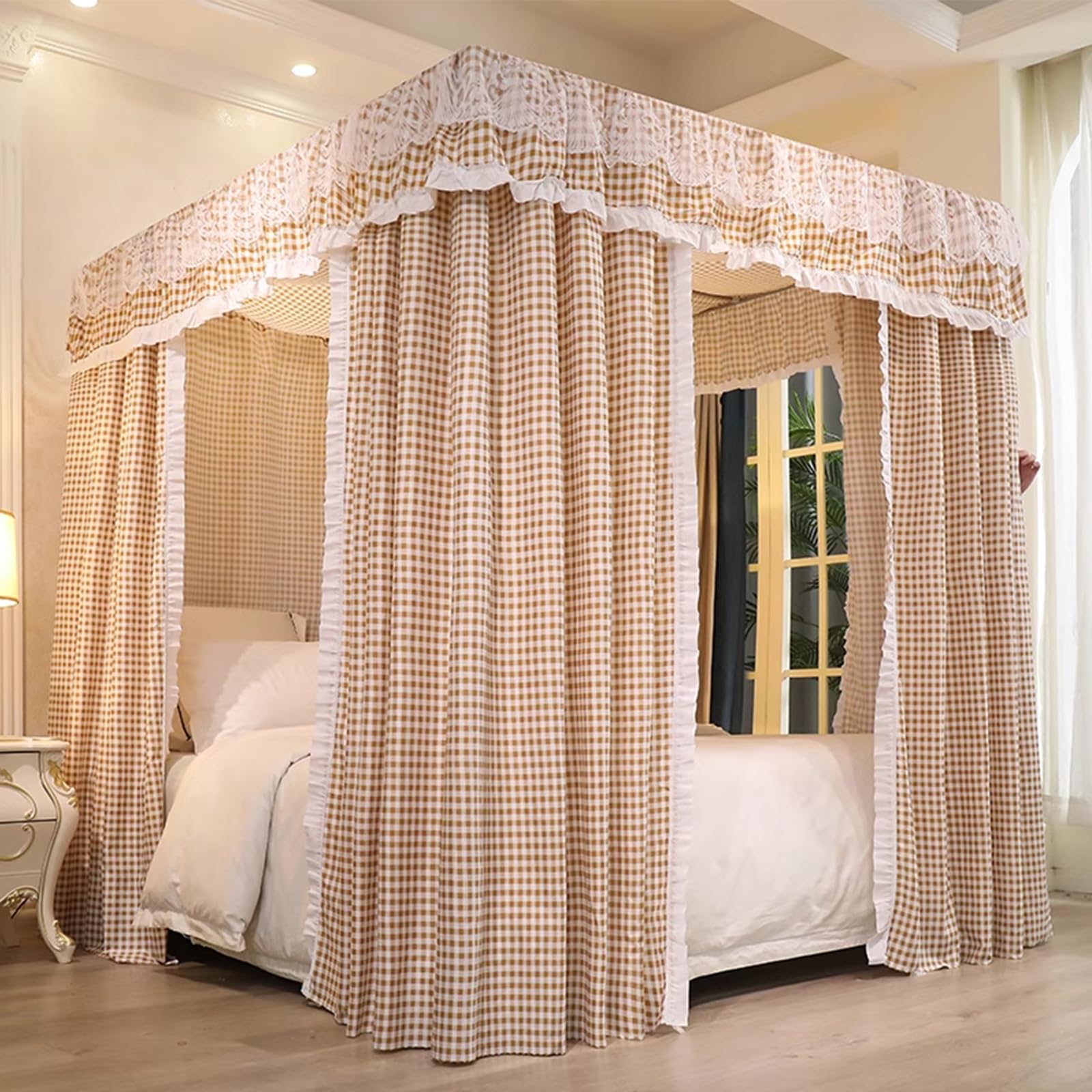 Princess 4 Postes De Esquina Mosquitera Y Cortinas Opacas para Cama Cortina De Cama con Dosel Acogedor De Doble Capa, Protección De Privacidad para Decoración De Toldos De Dormitorio