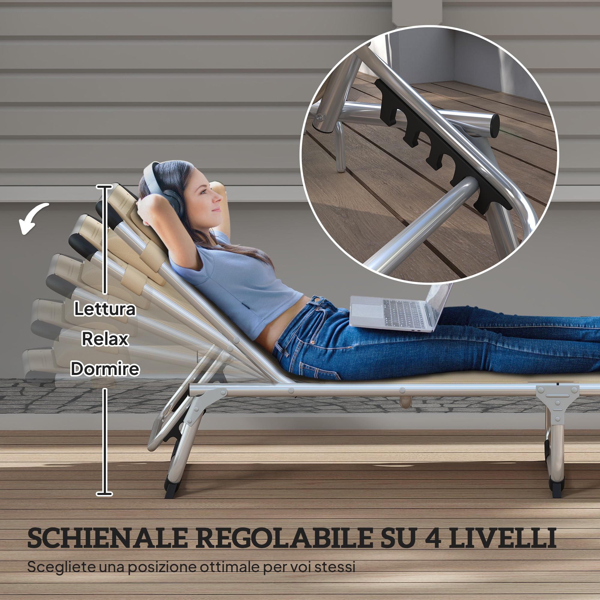 Outsunny Lettino Prendisole Pieghevole con Schienale Reclinabile su 4 Livelli, Sdraio da Giardino con Poggiatesta, in Alluminio e Texteline, per Spiaggia Piscina Giardino, 60x165x76 cm, Beige