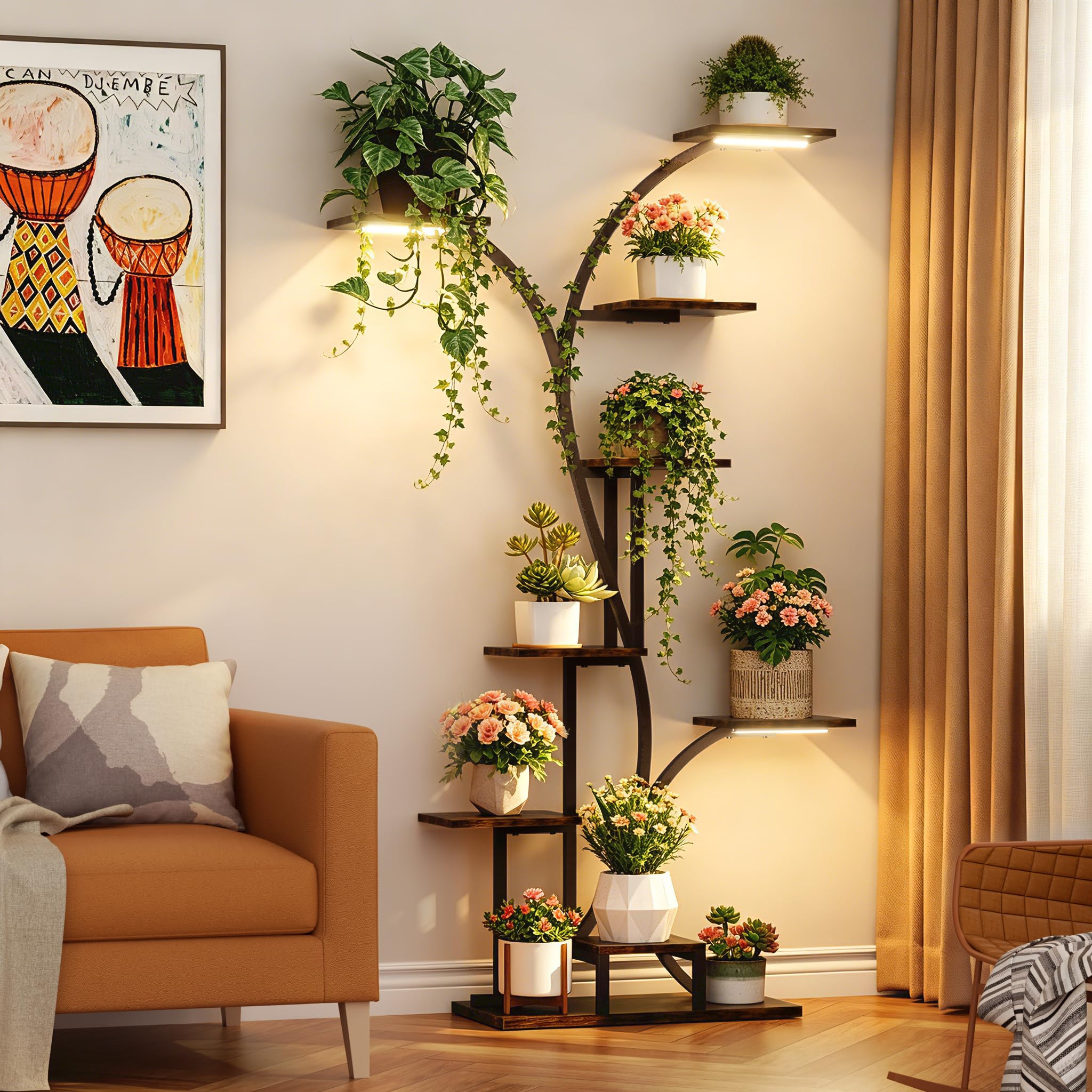 unho Soporte Plantas Interior con Luz LED, Estante de Metal | Luz USB con Temporizador 3/9/12h y Espectro Completo 420-660nm, Ideal Para Crecimiento y Floración, Incluye Correa Antivuelco