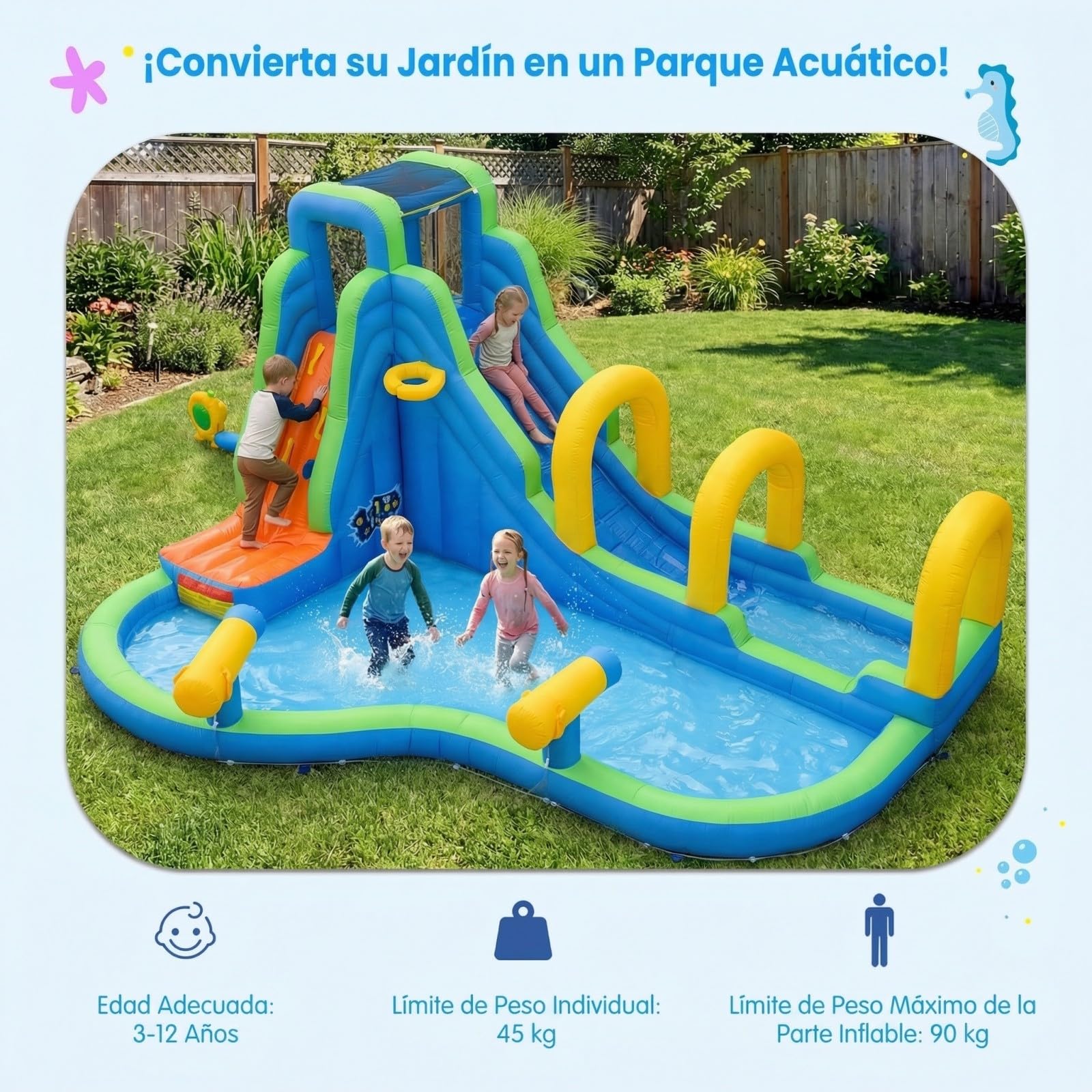 COSTWAY Castillo Hinchable para Niños con Tobogán Acuático, 465 x 345 x 242 Castillo Inflable, Colchoneta Hinchable Niños de 3-12 años (con soplador de 850W)