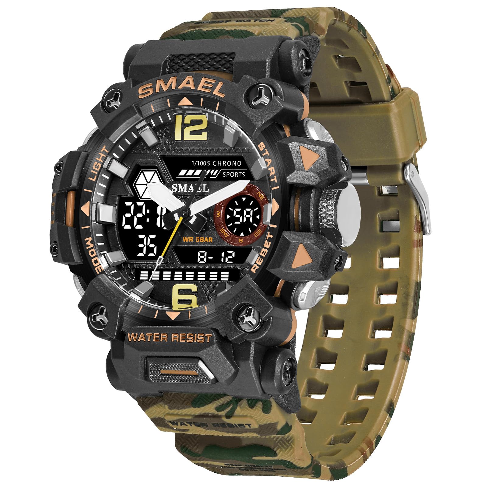 Mens Watches Sports Outdoor Waterproof Military Watch for Men Tactical Watch Analog Digital Date Alarm Stopwatch Multi-Function Tactics Big Face Wristwatch for Men