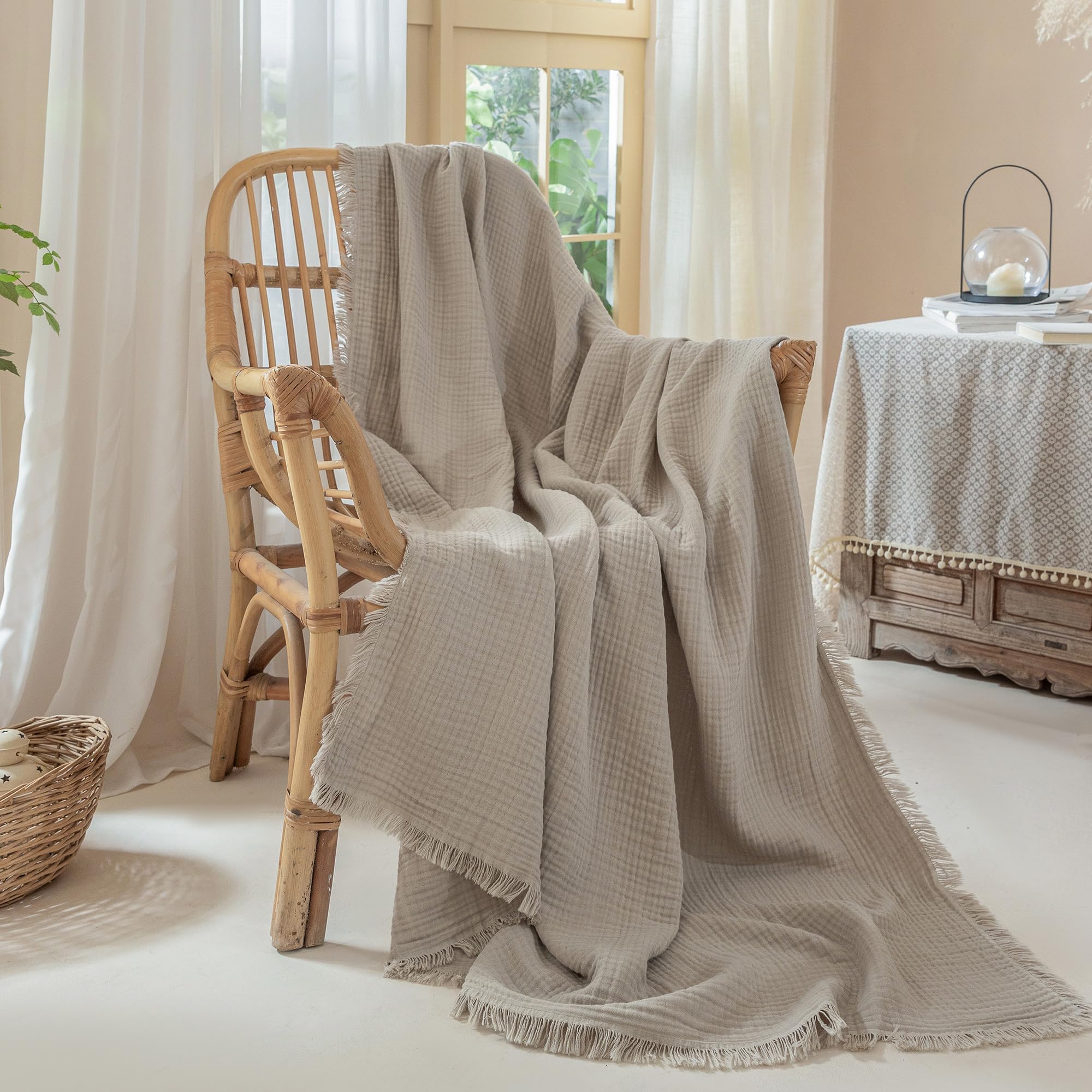 Muslin Fringe Blankets for Adults: 100% Cotton Cloud Soft Throw