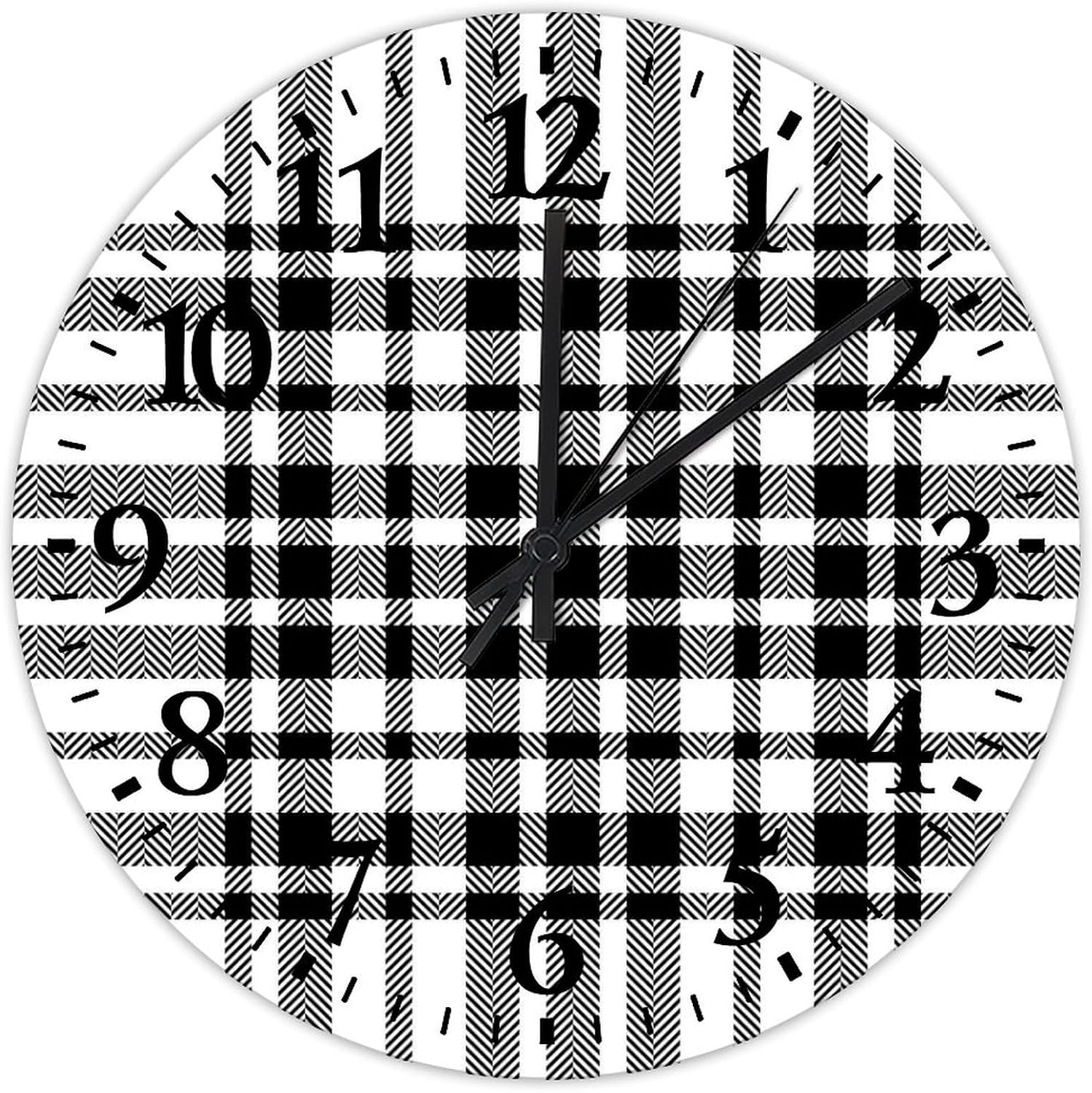 12 inch Silent Non-Ticking Wall Clocks Battery Operated Buffalo Check Plaid Black and White Wall Decor for Classroom Custom Round Wooden Wall Clock Rustic for Pool New Home