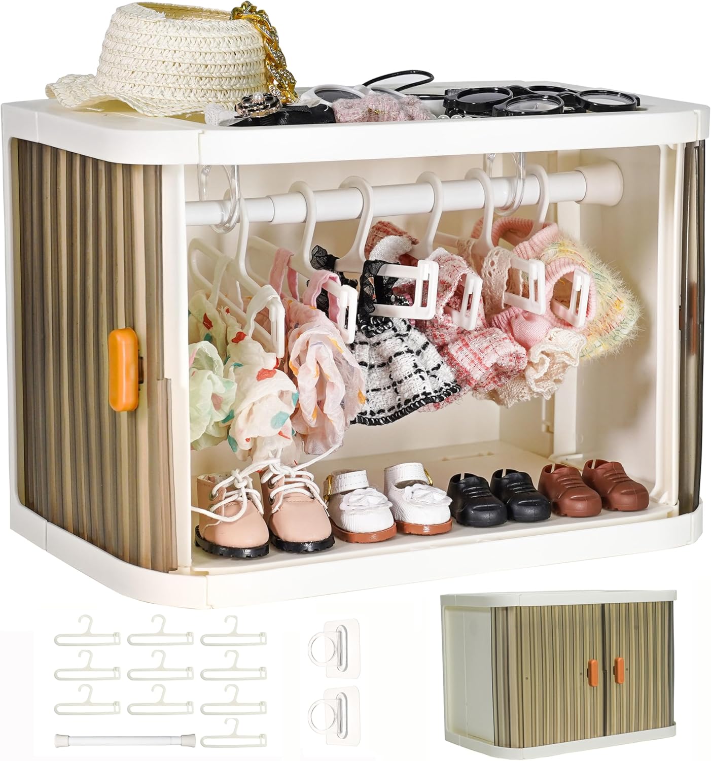 Foldable Doll Wardrobe Compatible with Labubu Clothes, Doll Clothes Closet with 10 Clothing Rack & 1 Rod, Furniture Accessories for Storing 15/17cm Small Outfits with Cover & Display Shelf