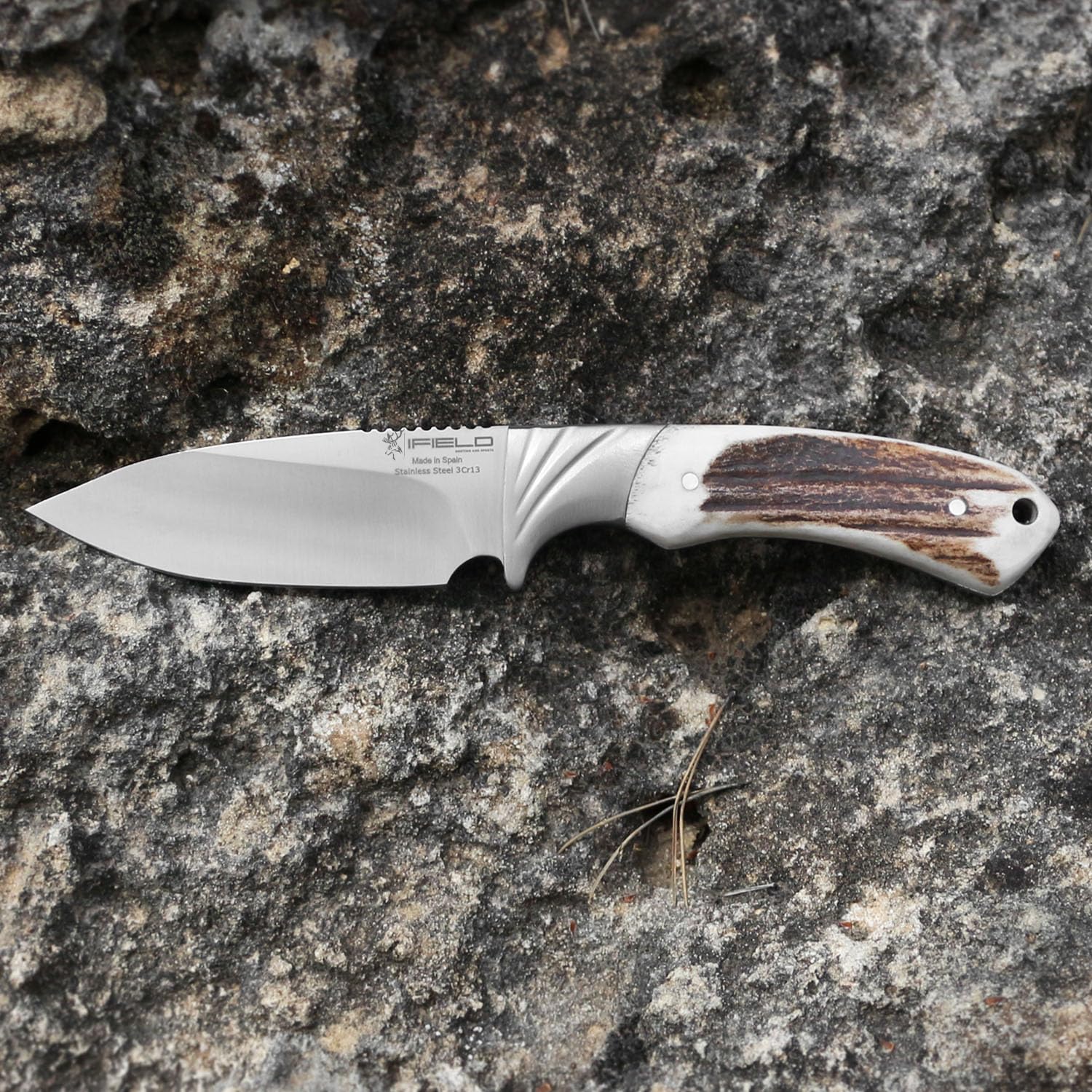iFIELD Cuchillo de caza deportivo Camper EL29019, hoja 10,8 cms, grosor 3,8 mm, total 22,8 cm, mango de ciervo, con funda de piel, herramienta de camping para pesca, caza, actividad deportiva