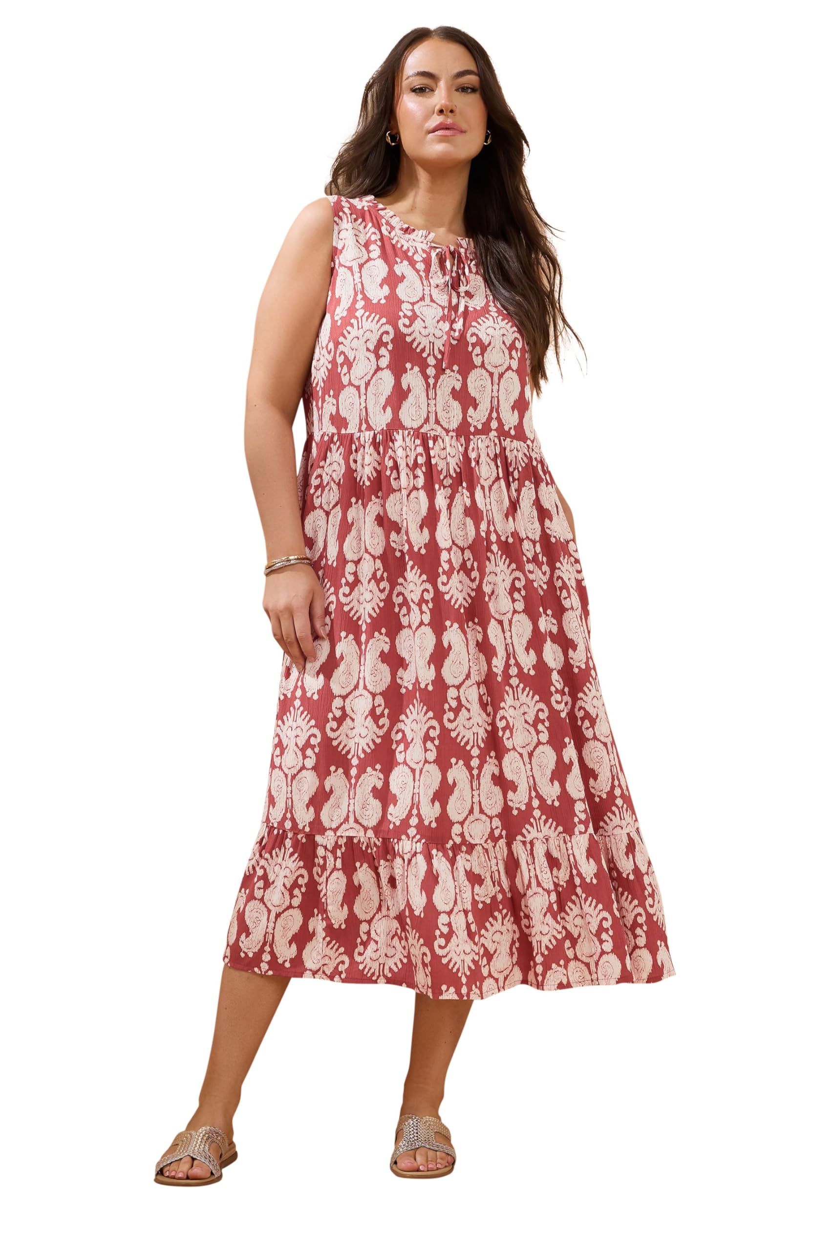Evans Women's Orange Plus Rust Paisley Tie Neck Dress Size 30-32