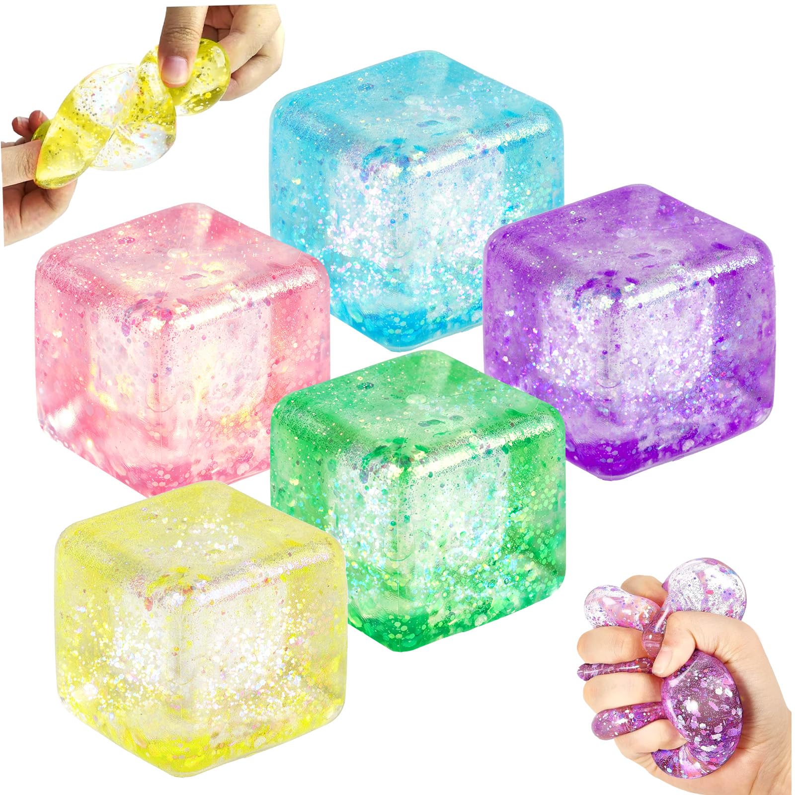 5PCS Glitter Stress Balls, Ice Cube Squishy Stress Relief Fidget Toy, Slow Rising Squishies Stress Balls for Adults, Anxiety Relief Sugar Squishy Sensory Toys for Relaxation and Focus