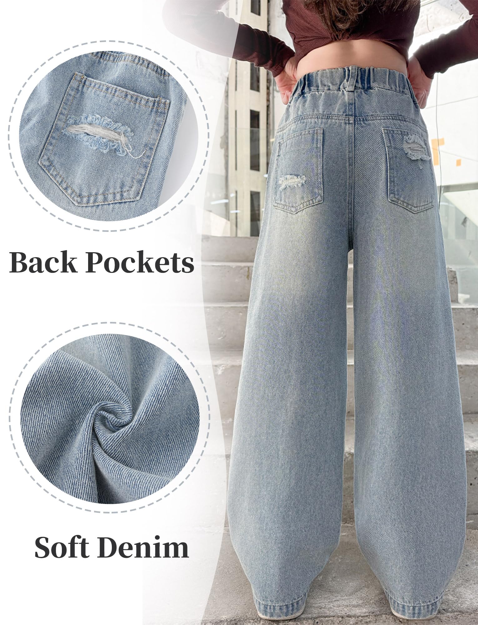 Maeau Jeans per bambini con elastico in vita, gamba larga, strappati, jeans lavati larghi con tasche, 5-14 anni