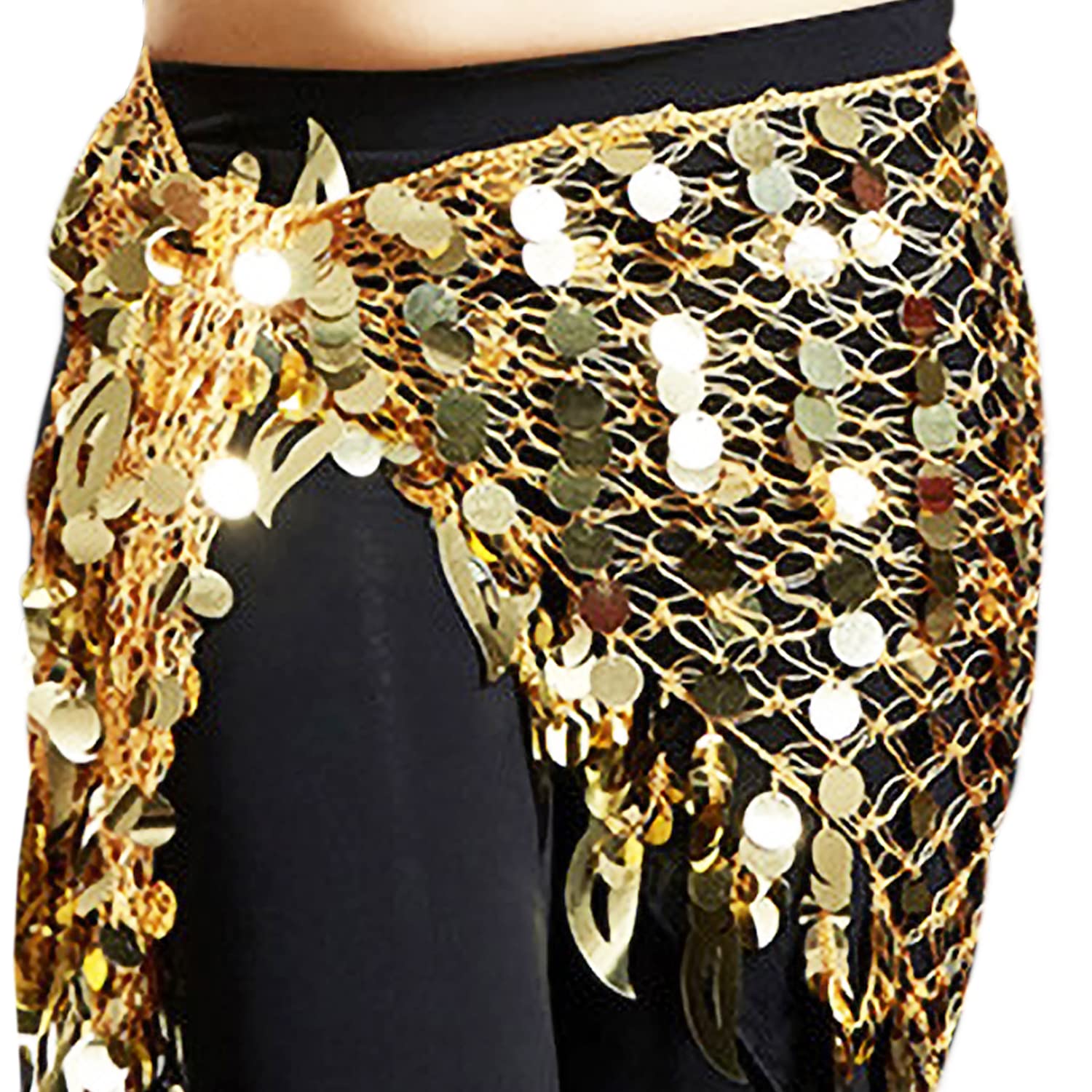 VRITRAZ Women's Chiffon Belly Dance Hip Scarf Waistband Mini Belt Skirt Mixed Colors Sequence Beads And Coins Gold 2