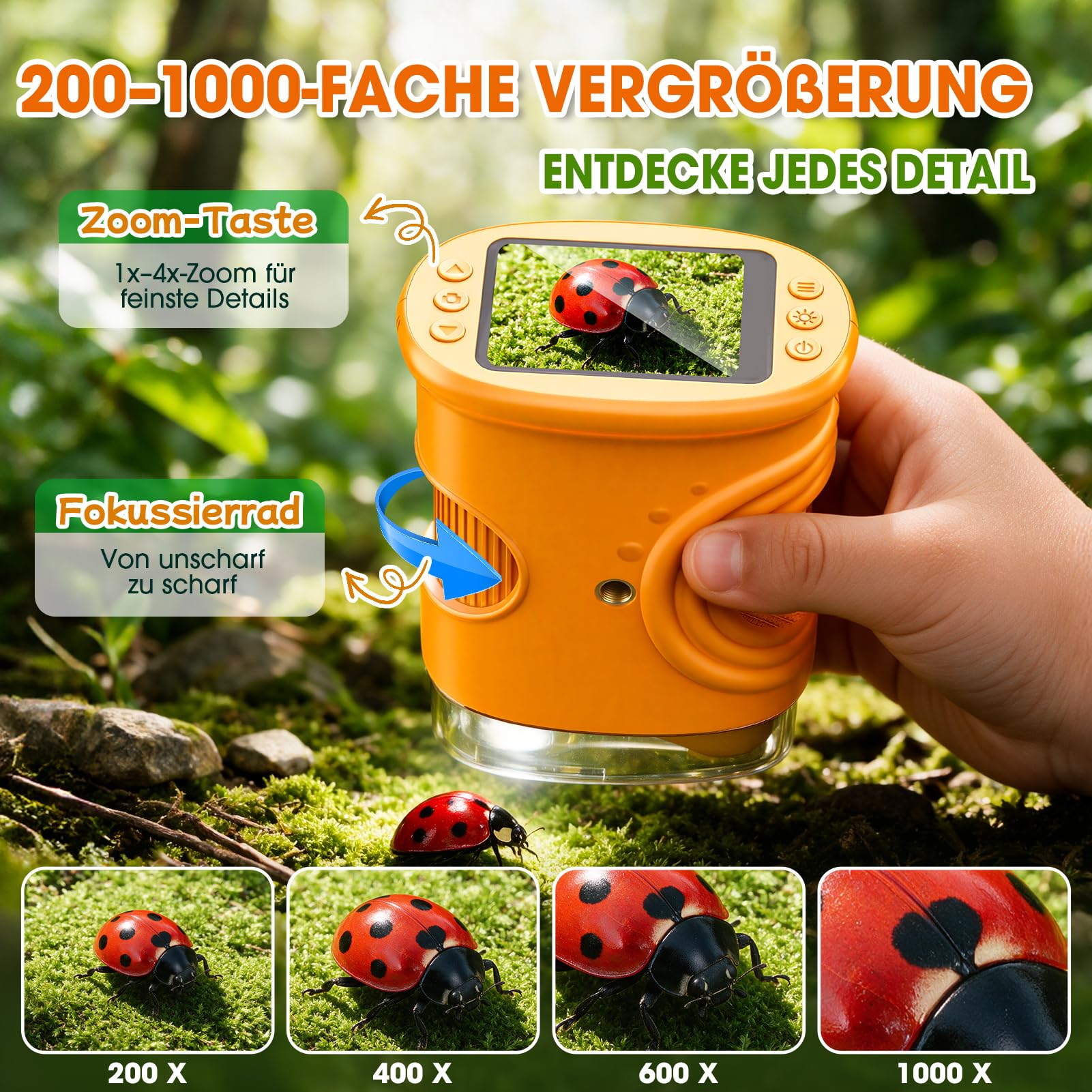 Digitales Mikroskop für Kinder mit 1000-facher Vergrößerung – Taschenmikroskop mit Objektträgern, Foto- und Videoaufnahme, für Garten, Wald und Experimente, Geschenk Spielzeug ab 3-12 Jahre Jungen