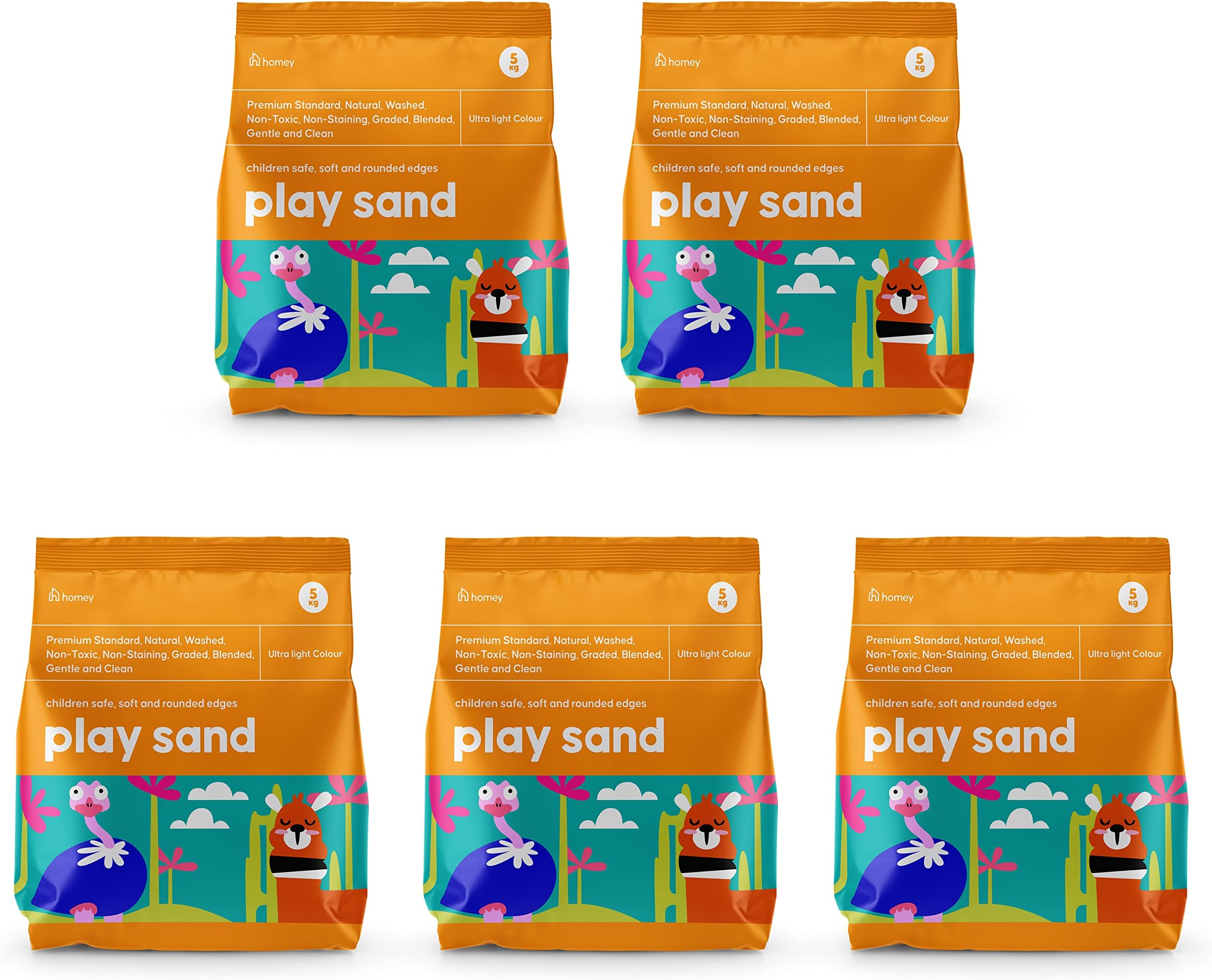 HAPPY SAND® 5 x 5KG Bags of Premium Grade Naturally Light Coloured Play Sand, 100% Natural, Soft, Non-Toxic, Non-Staining, Clean & Washed, Child Safe and Pet Safe (5 Bags of 5KG)