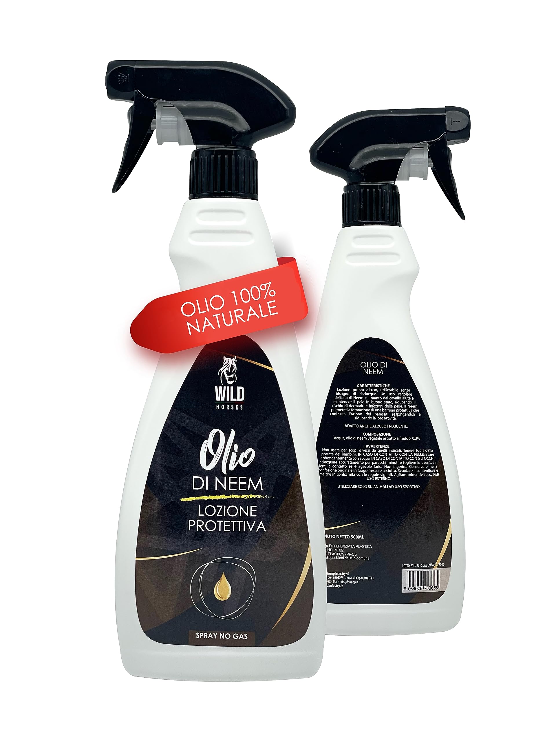Wild Horses | Olio di Neem, Lozione Spray Repellente Zanzare e Antiparassitario per Cavalli, 100% Naturale, 500ml, Made in Italy