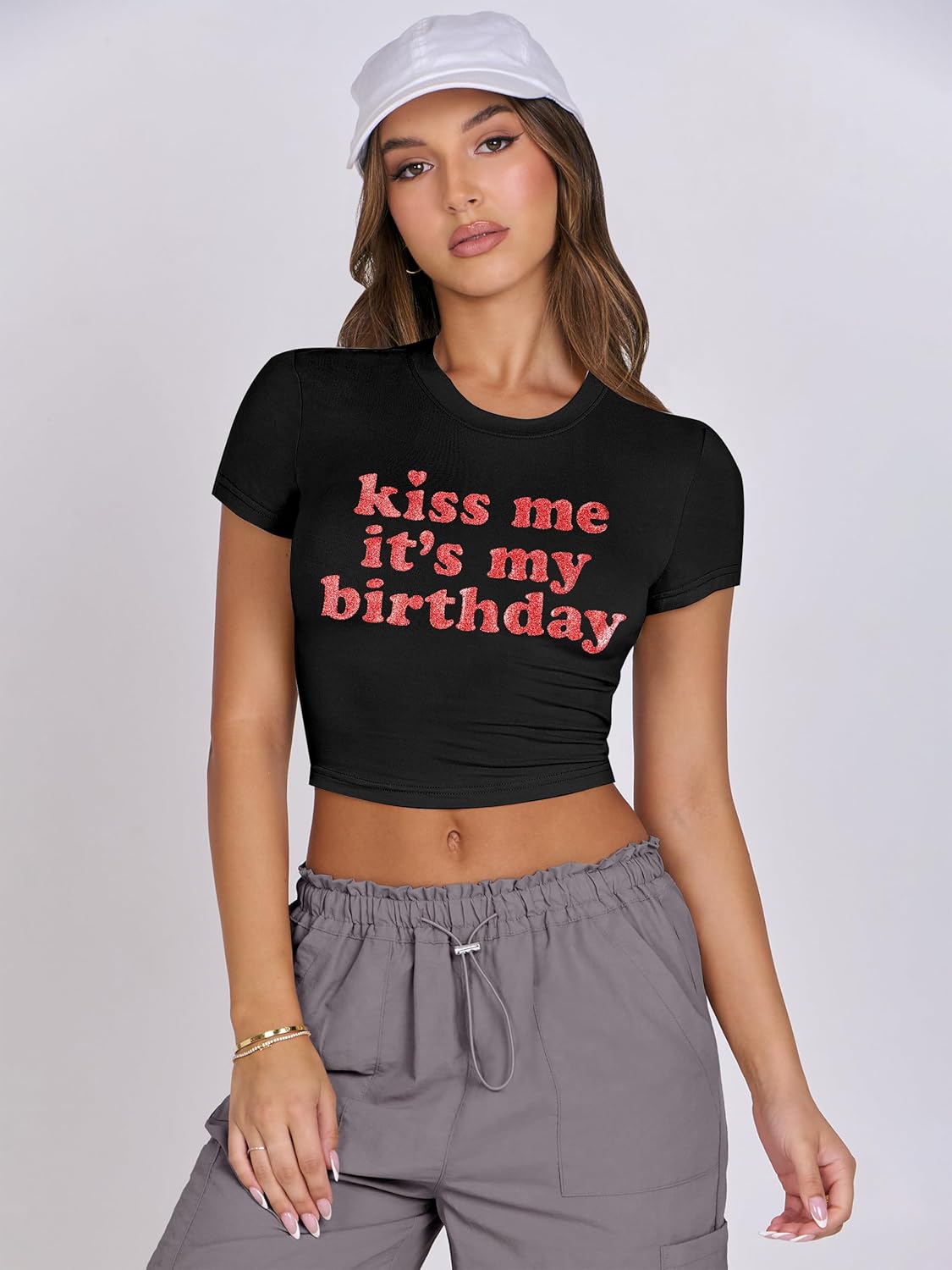 Birthday Shirts for Women Kiss Me Its My Birthday Shirt Crop Top Glitter Graphic Birthday Squad Shirts Birthday Party Tops - Image 3