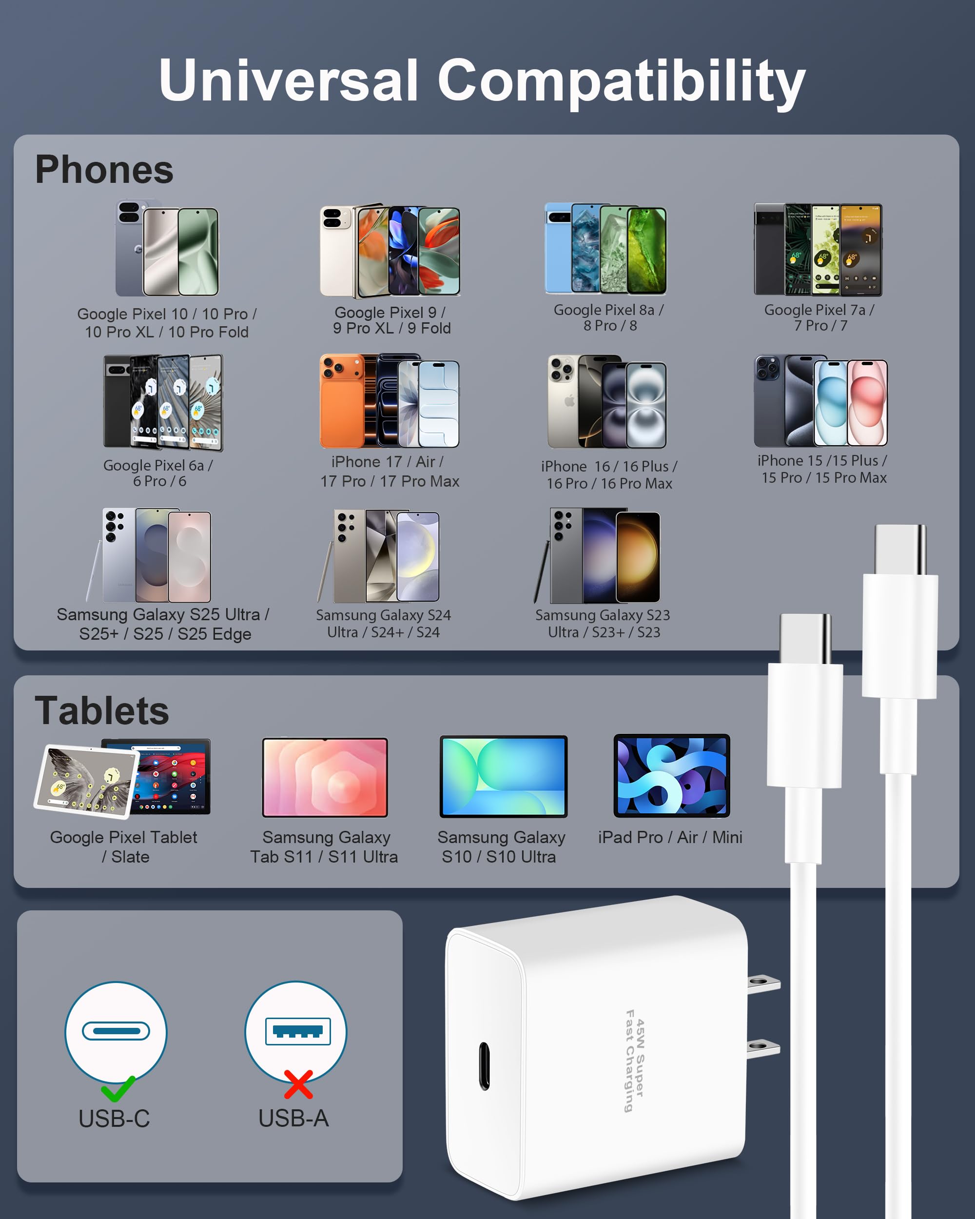 45W Super Fast Type C Charger USB C for Google Pixel 10/10 Pro/10 Pro XL/10 Pro Fold/9/9 Pro XL/Fold/8/8a/8 Pro/7/7a/7 Pro/6/6a/6 Pro, 2-Pack 45W Pixel Fast Charging Block with 10FT Long USB-C Cable
