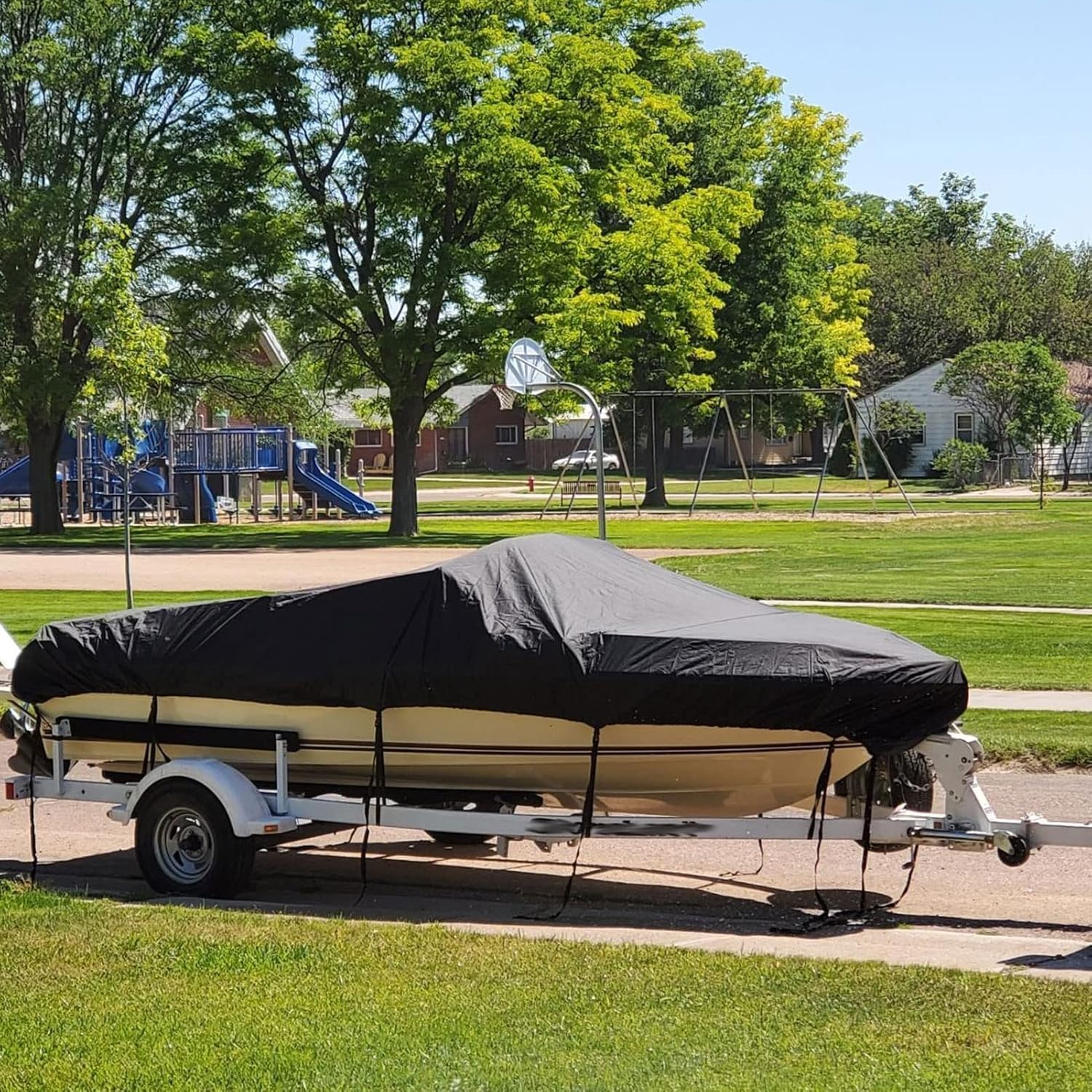 Pokrowiec na łódź, wodoodporny materiał 420D, odporny na promieniowanie UV, pasuje do łodzi basowej, Tri-Hull V-Hull Fishing Runabout,
