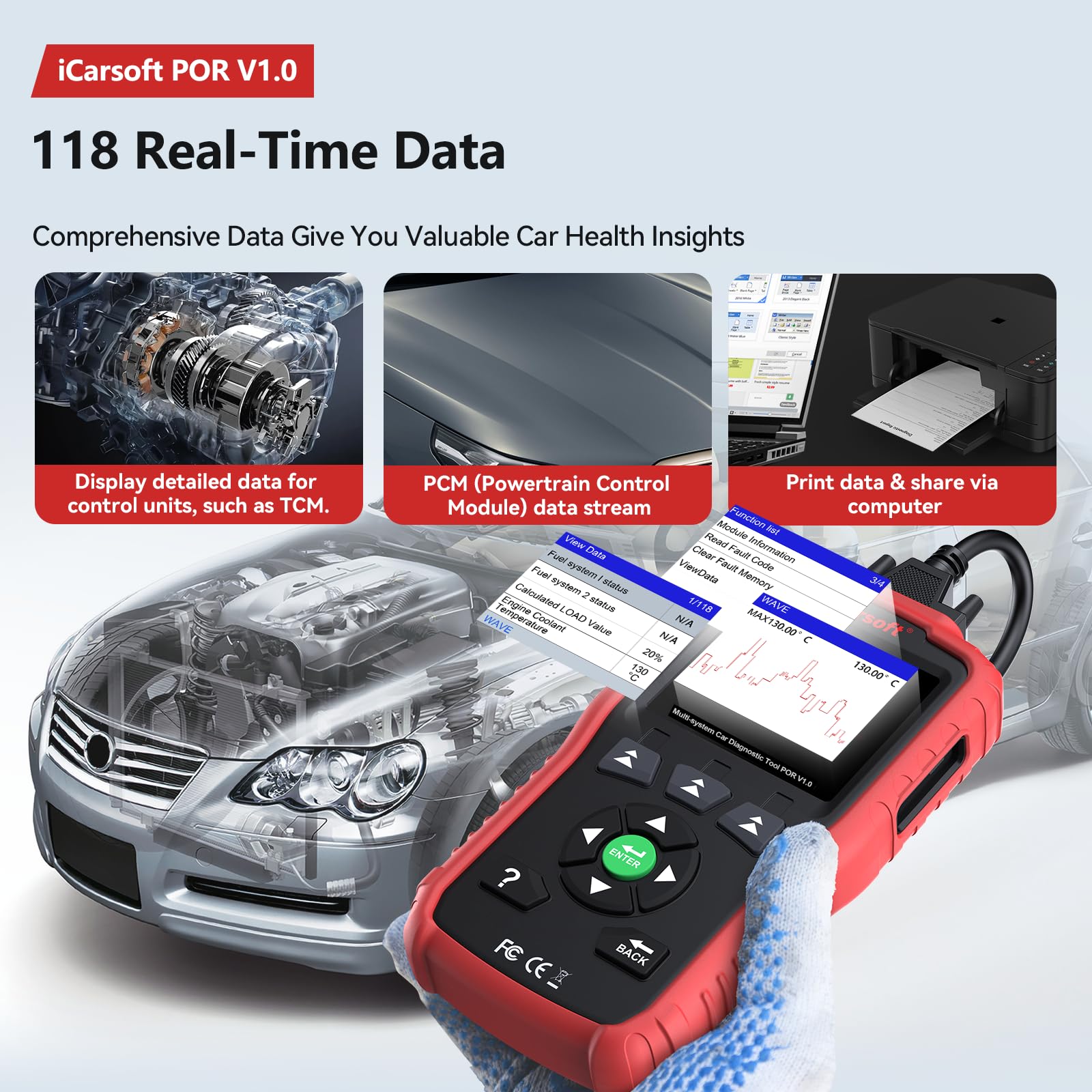 iCarsoft Escáner OBD2 para Porsche, sistema completo POR V1.0, herramienta de diagnóstico de coche, lector de código automotriz con reinicio de aceite/SAS, prueba de batería, datos gráficos en vivo