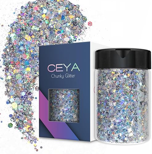 Ceya Purpurina gruesa holográfica, 4.9 onzas4.94 oz de diamante plateado con purpurina en polvo mezclado con copos finos iridiscentes para arte de