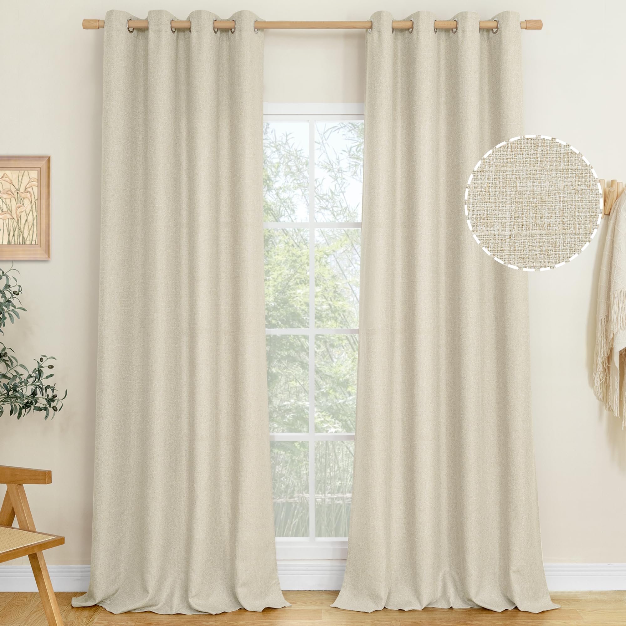 LAMIT Beige Thermal Linen Curtains 84 inch Length 2 Panels, Grommet Thick Soft Room Darkening Curtains Privacy Living Room Window Drapes for Bedroom/Farmhouse, W52 x L84, Natural Beige