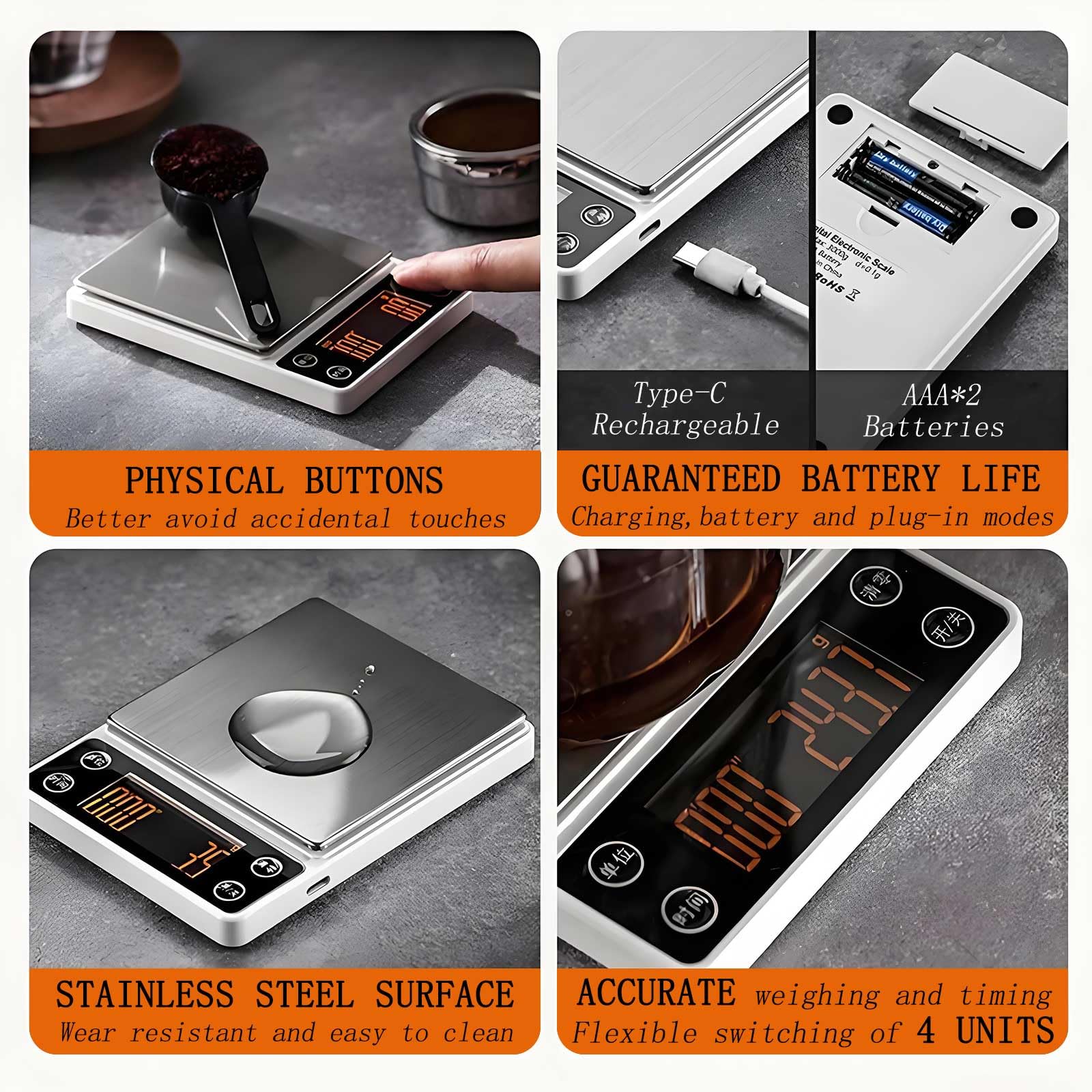 Báscula de café espresso con temporizador, precisión de 3 kg/0,1 g, báscula digital de café para verter sobre café, portátil, recargable, tara automática y flujo de agua inteligente, adecuada para