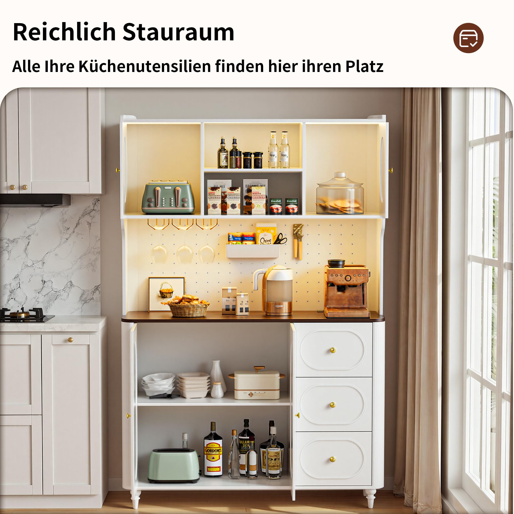 BonVache Küchenschrank, Kommode Küche mit Steckdosen und Led-Lichtleisten, Hochschrank Küchenbuffet, Sideboard, 2 Offene Fächer 3 Schubladen, Esszimmerschrank für Wohnzimmer Küche,120x41x180cm,Weiß