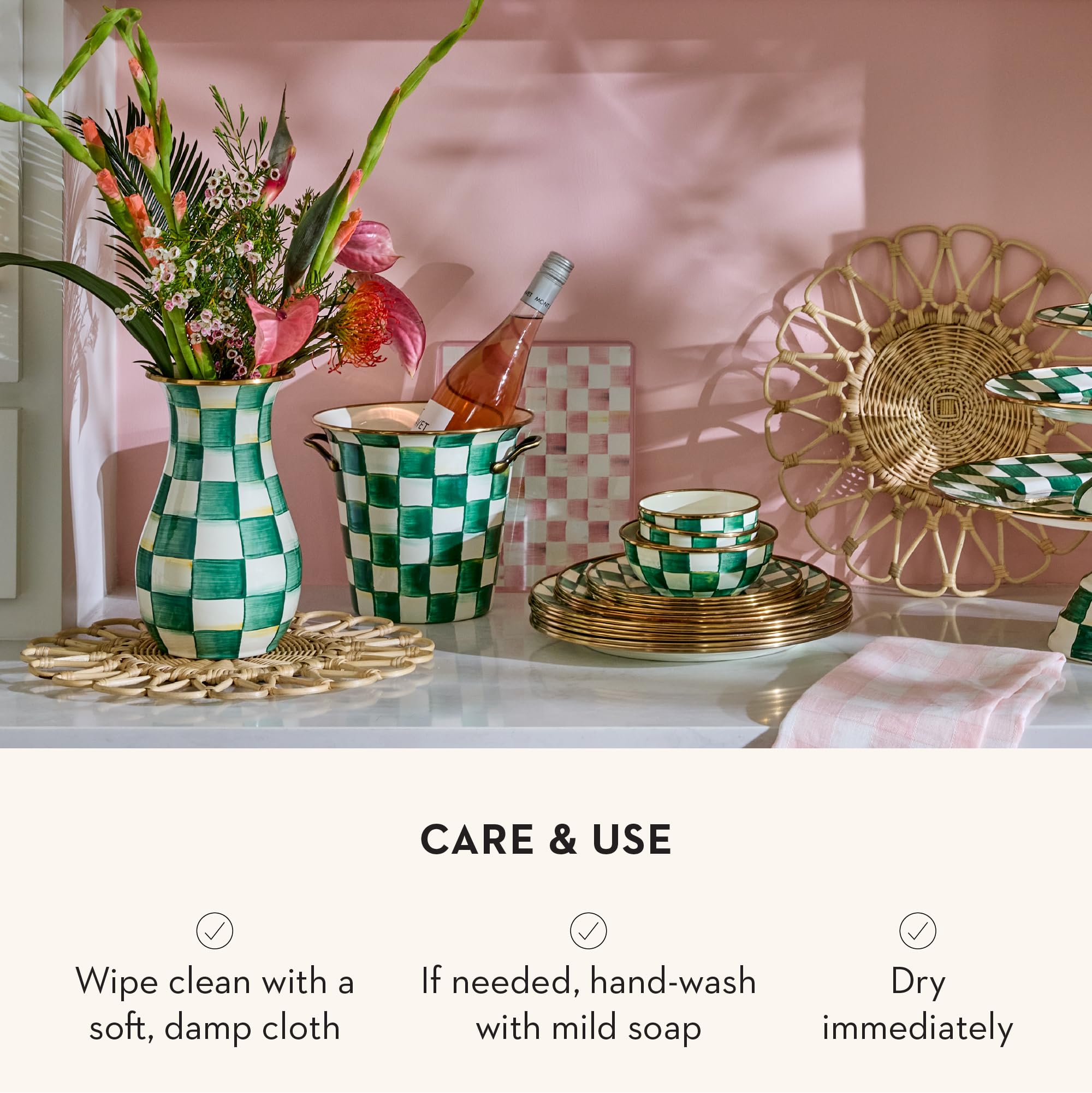 MACKENZIE-CHILDS Enamel Tall Vase Green-and-White Emerald Check | Hand-painted design decorative flower vase and bouquet holder made from enameled steel 6 dia. x 10 H product thumbnail 6