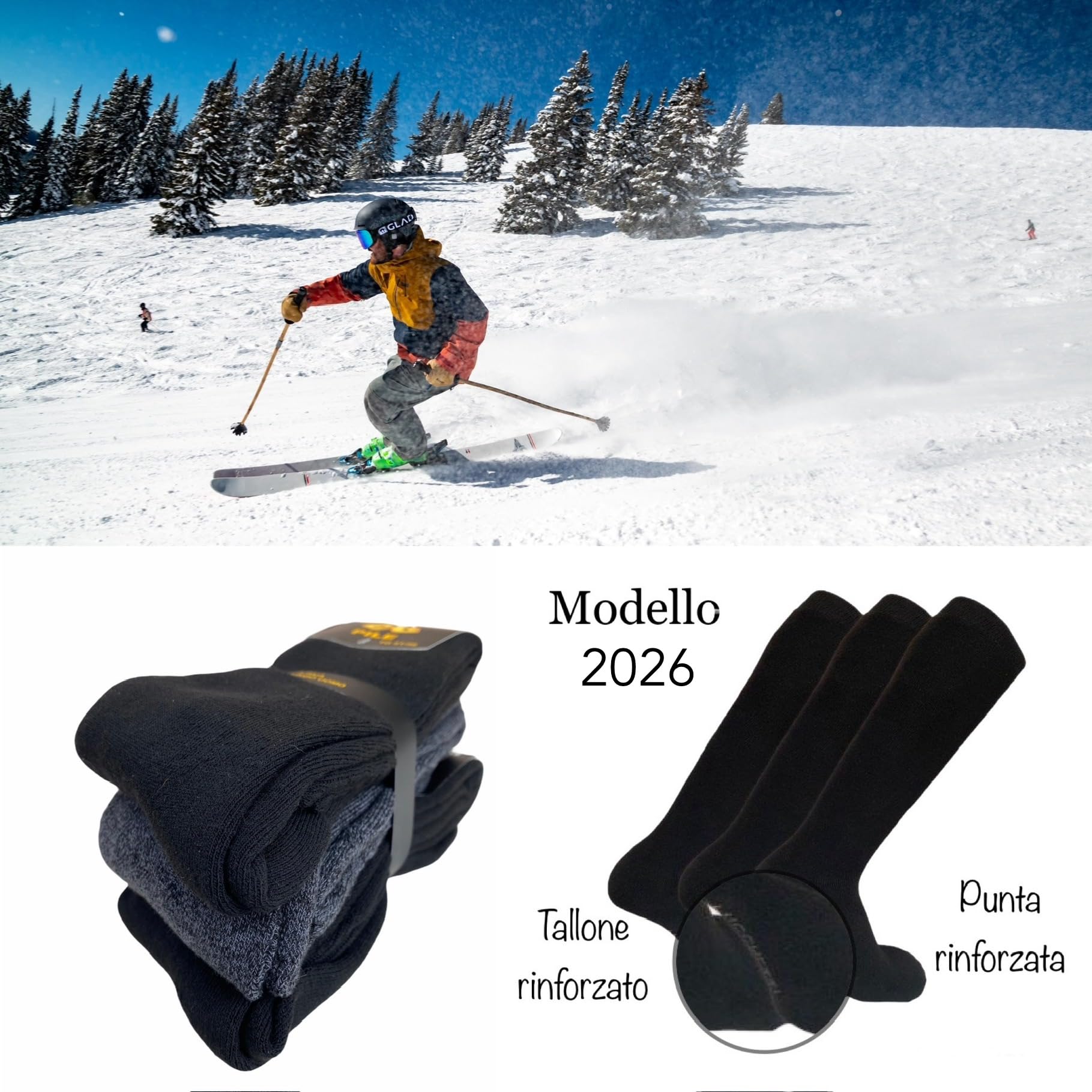 Lucchetti Socks Milano CALZE TERMICHE IN PILE LUNGHE SCI MONTAGNA PESANTI NERO BLU GRIGIO