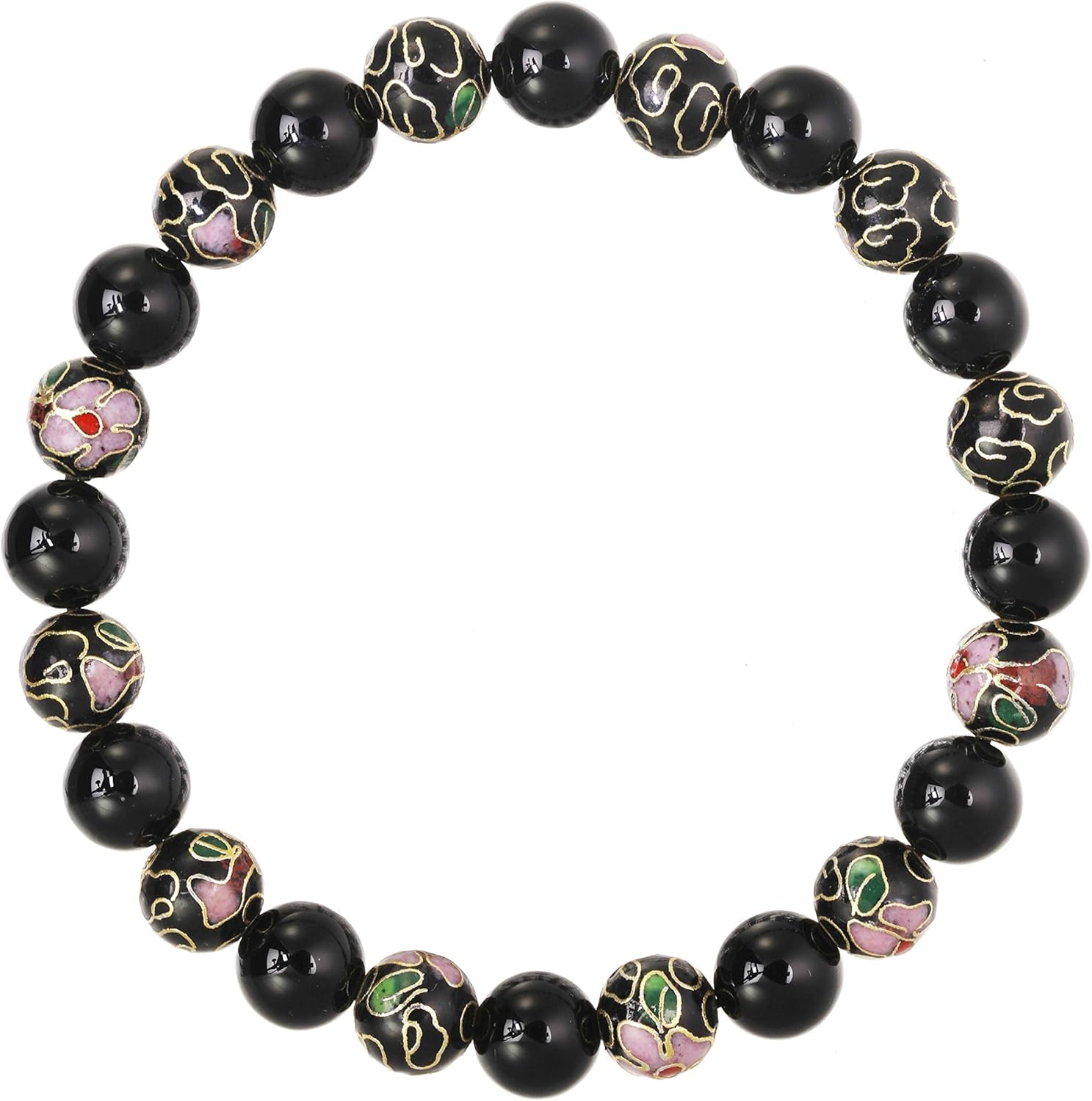 LTC Designs Black Onyx and Black Cloisonné Bead Stretch Bracelet, 7.5" for women