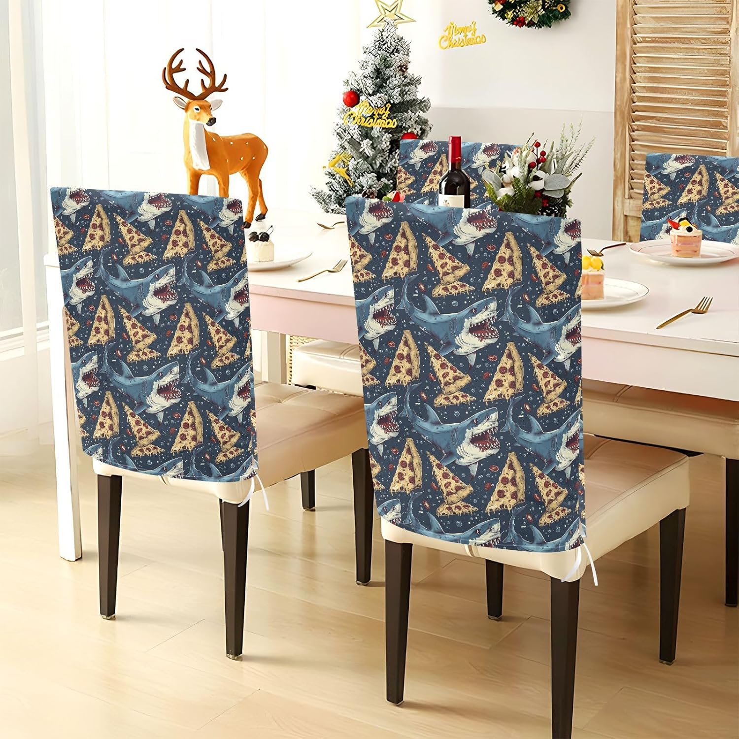 ALAZA Vintage Sharks and Pizza Chair Back Cover Set of 6, Washable Reusable Removable Chair Slipcovers Decorative Chair Cover for Home Kitchen Wedding Party