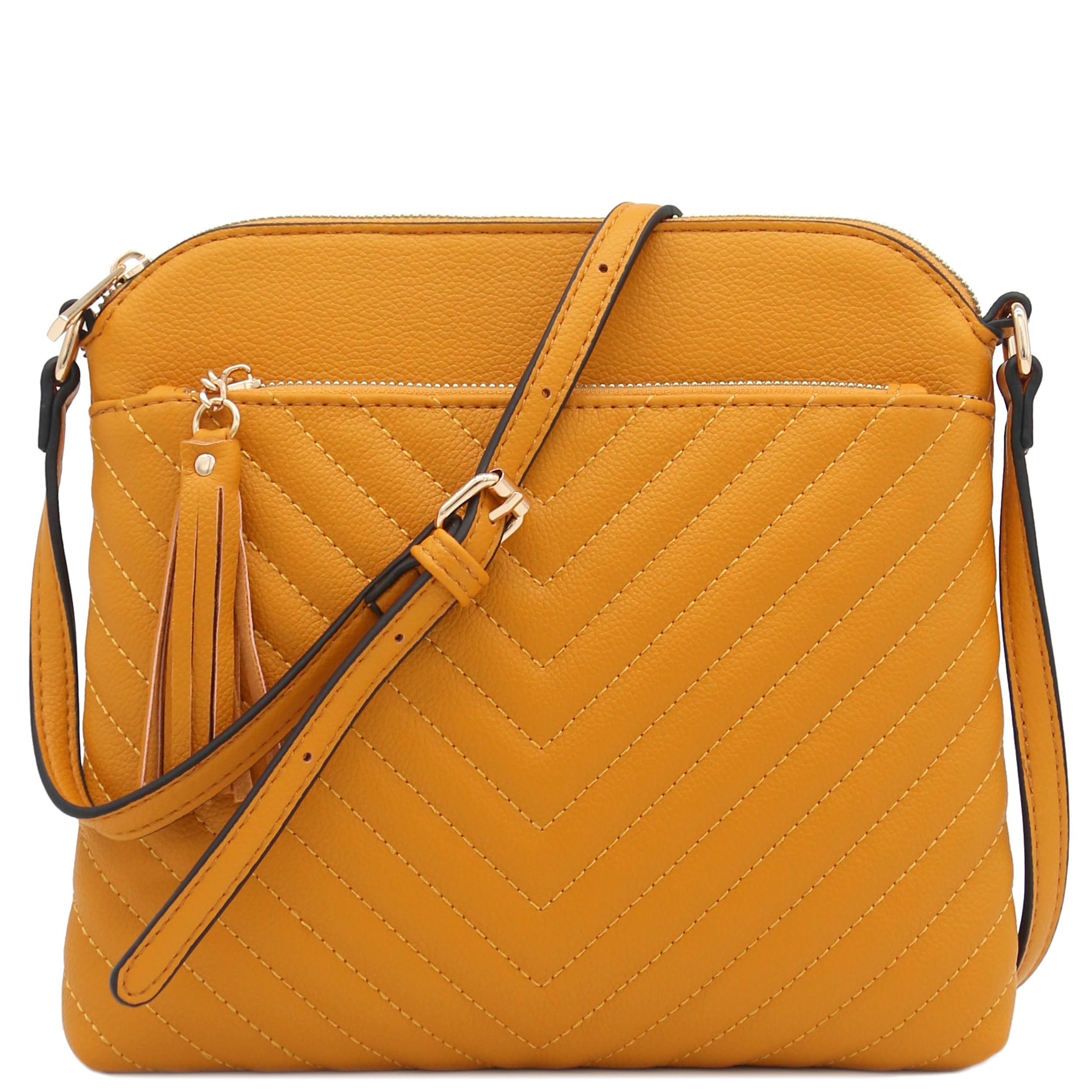FashionPuzzle Chevron Quilted Medium Crossbody Bag with Tassel Accent, Mustard, One Size