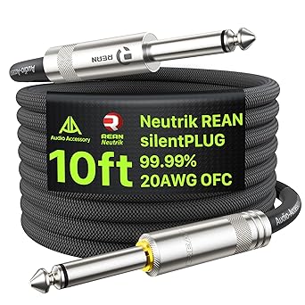Silent Guitar Cable 10 ft, Neutrik REAN silentPLUG, Hot-Swapping Guitars Without Pop, Kevlar-Reinforced Auto Mute 20 AWG 99.99% OFC 1/4 Instrument Cable, Nylon Braided Amp Cord
