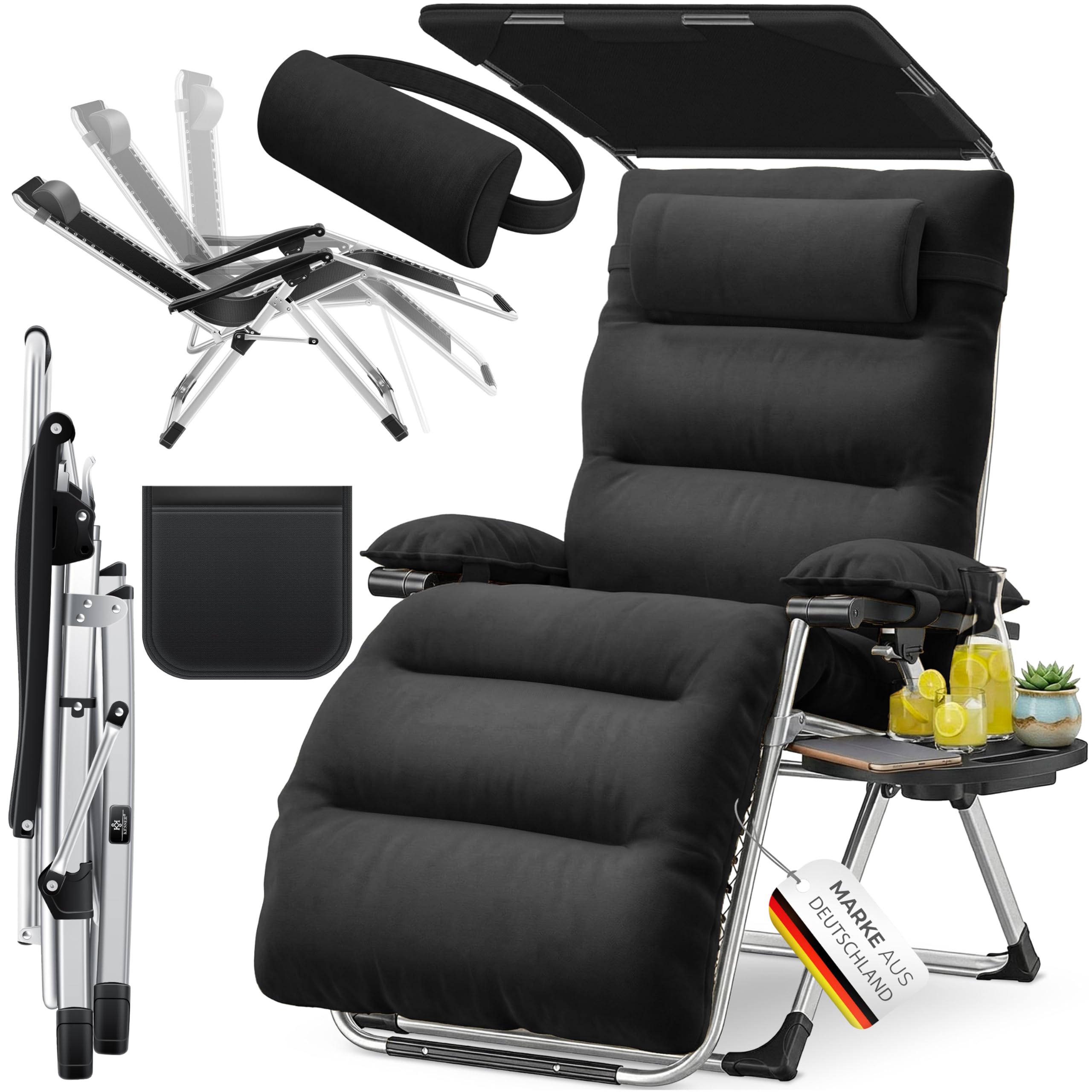 KESSER® Lettino XXL - pieghevole, Resistente alle Intemperie, Portata 200 kg, Rivestimento ergonomico, Schienale regolabile, Portabicchieri e Cuscino per le Braccia, Con Tenda - Nero