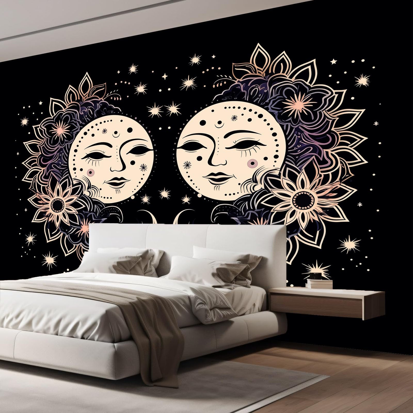 Fototapety Czeskie słońce kwiaty linie - tapeta z włókniny, wodoodporna i oddychająca - dekoracja ścienna do salonu, sypialni, biura - 400 x 280 cm, morelowa czerń