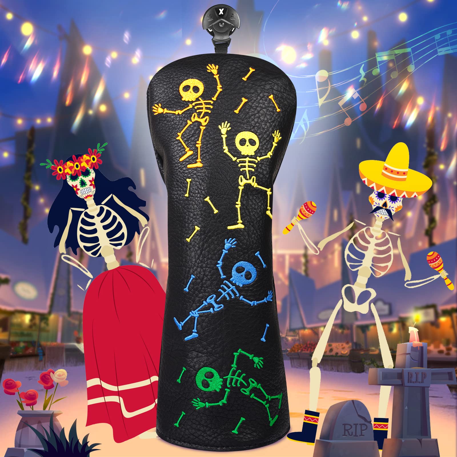 Big Teeth Golf Club Head covers for Driver/Fairway Wood/Hybrid/Putter/Iron Balck PU Leather Colorful Skull Pattern