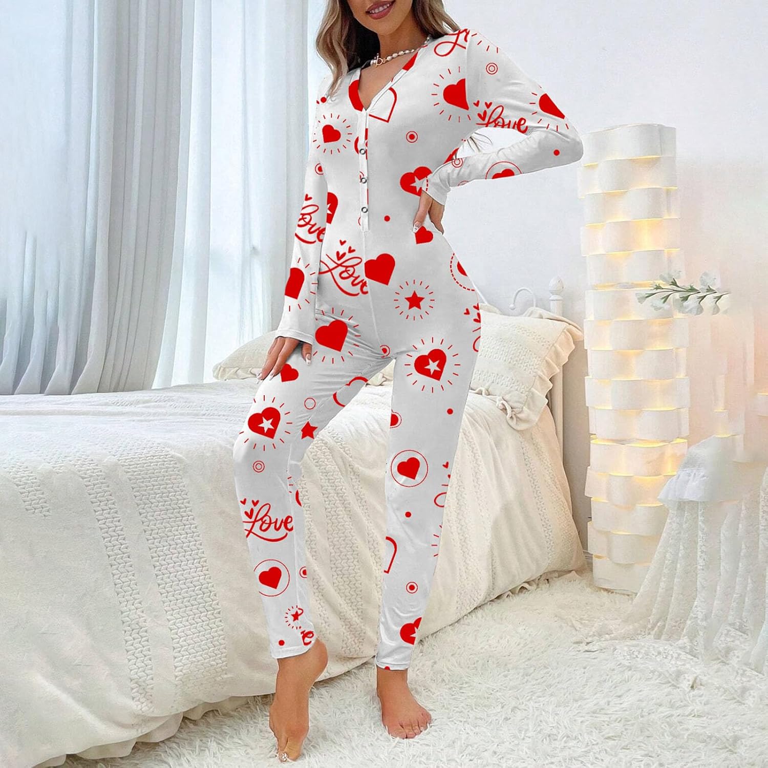 Women Heart Print Jumpsuit Pajamas Long Sleeve V Neck Bodycon Bodysuit Romper Sleepwear One Piece Outfits - Image 2