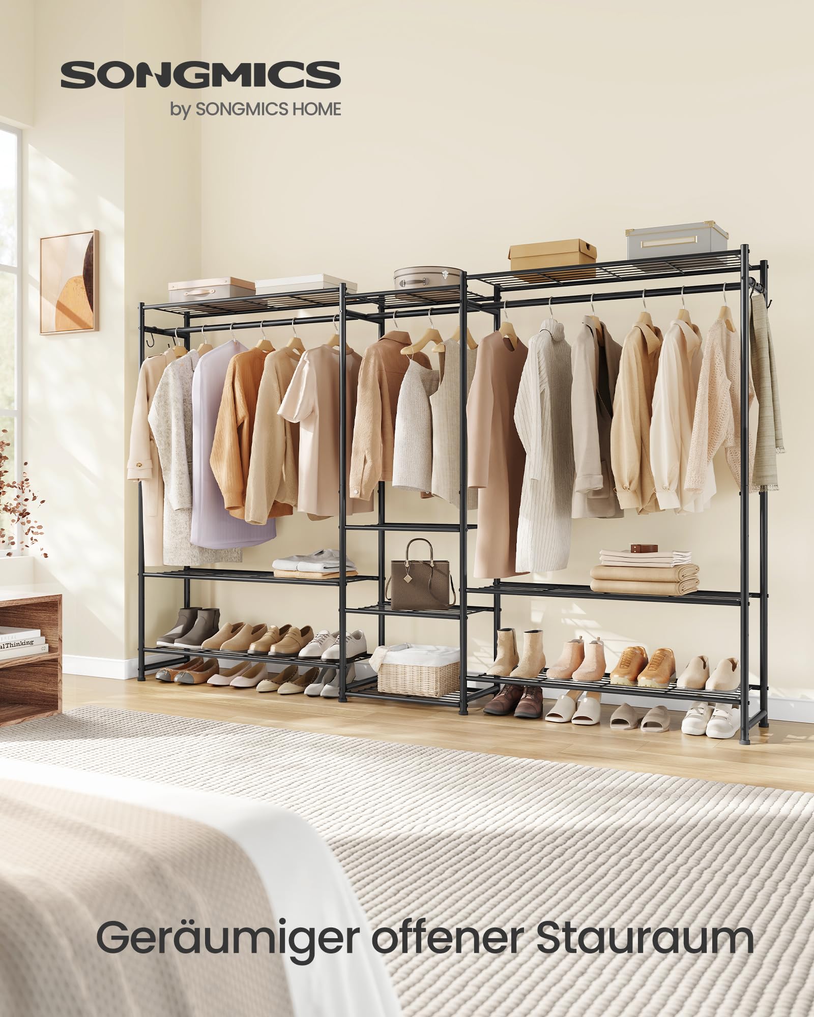 SONGMICS Kleiderständer, offener Kleiderschrank, Garderobenständer mit 10 Ablagen, 3 Kleiderstangen, 4 S-Haken, Metallrahmenm, für Schlafzimmer, Wohnzimmer, Eingangsbereich,schwarz LGR011BZ01
