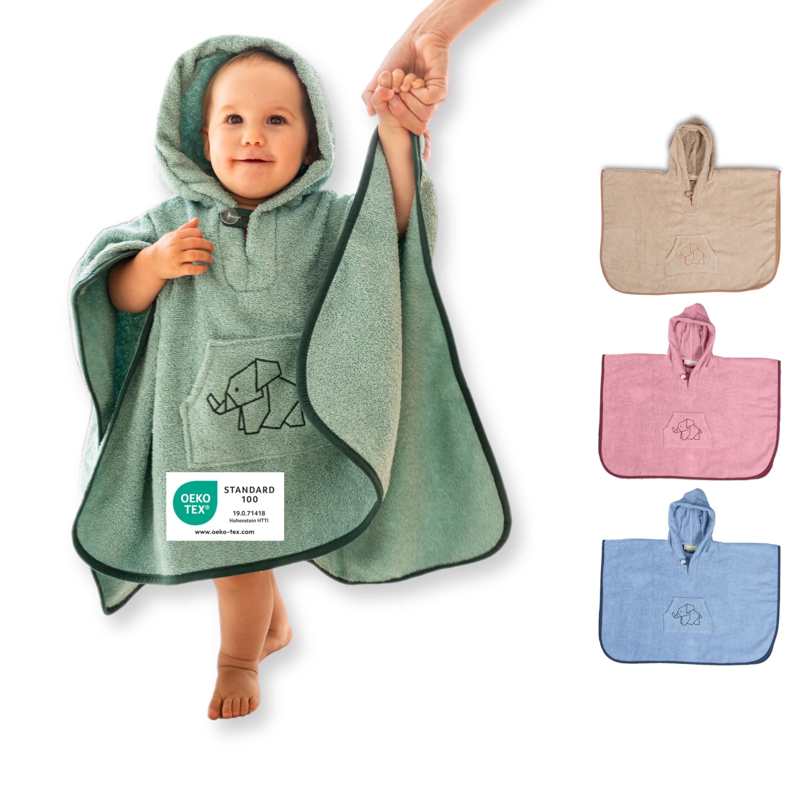 ULLENBOOM Badeponcho Baby, Frottee aus 100% Baumwolle (Oeko-TEX Zertifiziert) und Made in EU - Ideal als Badetuch und Bademantel für Kinder und Babys von 1-3 Jahren, Salbeigrün