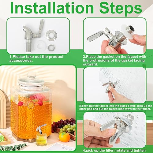 Miniatura 3 de Paquete de 2 dispensadores de agua de vidrio martillado de 5 galones, dispensador de bebidas de vidrio martillado con grifo de acero inoxidable para