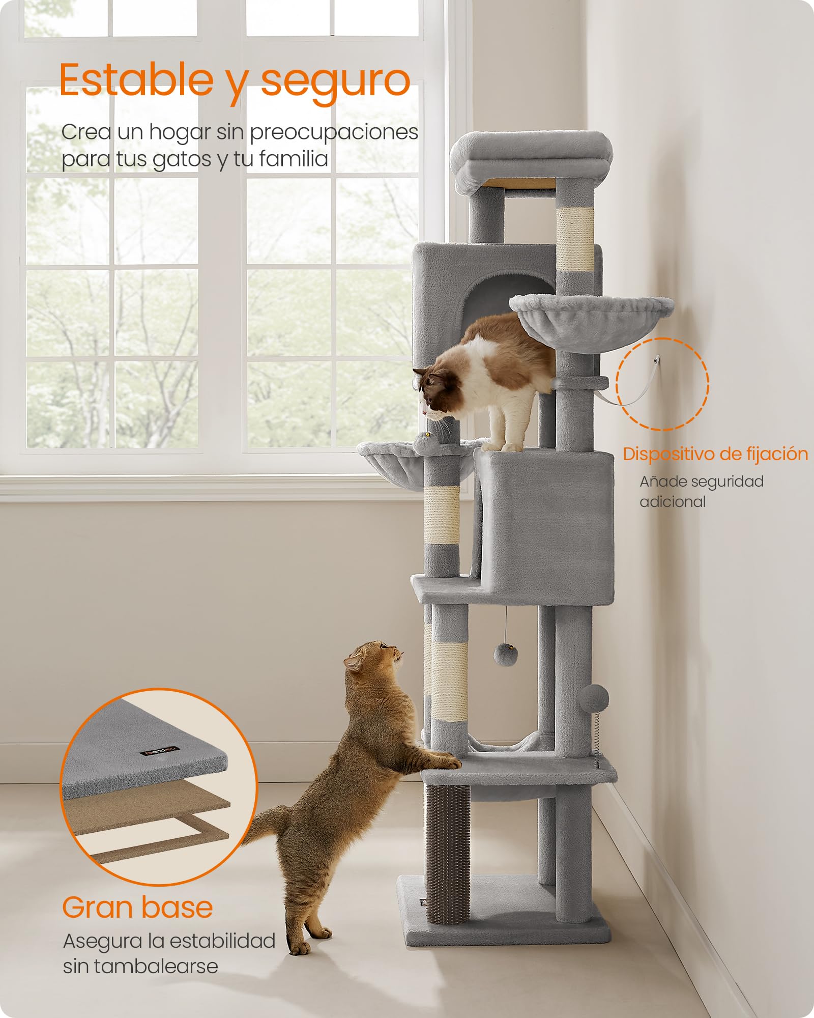 Feandrea Árbol Grande para Gatos, Torre para Arañar de 175 cm, Multinivel con Cuevas, Cestas, Rascadores, Gris Paloma