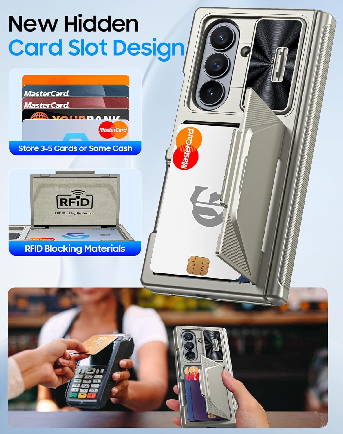 for Samsung Galaxy Z Fold 7 Case with Card Holder RFID Blocking, Built in Slide Lens Cover & Hinge Protection & Screen Protector, Shockproof Wallet Case for Z Fold 7 (Titanium Gold)