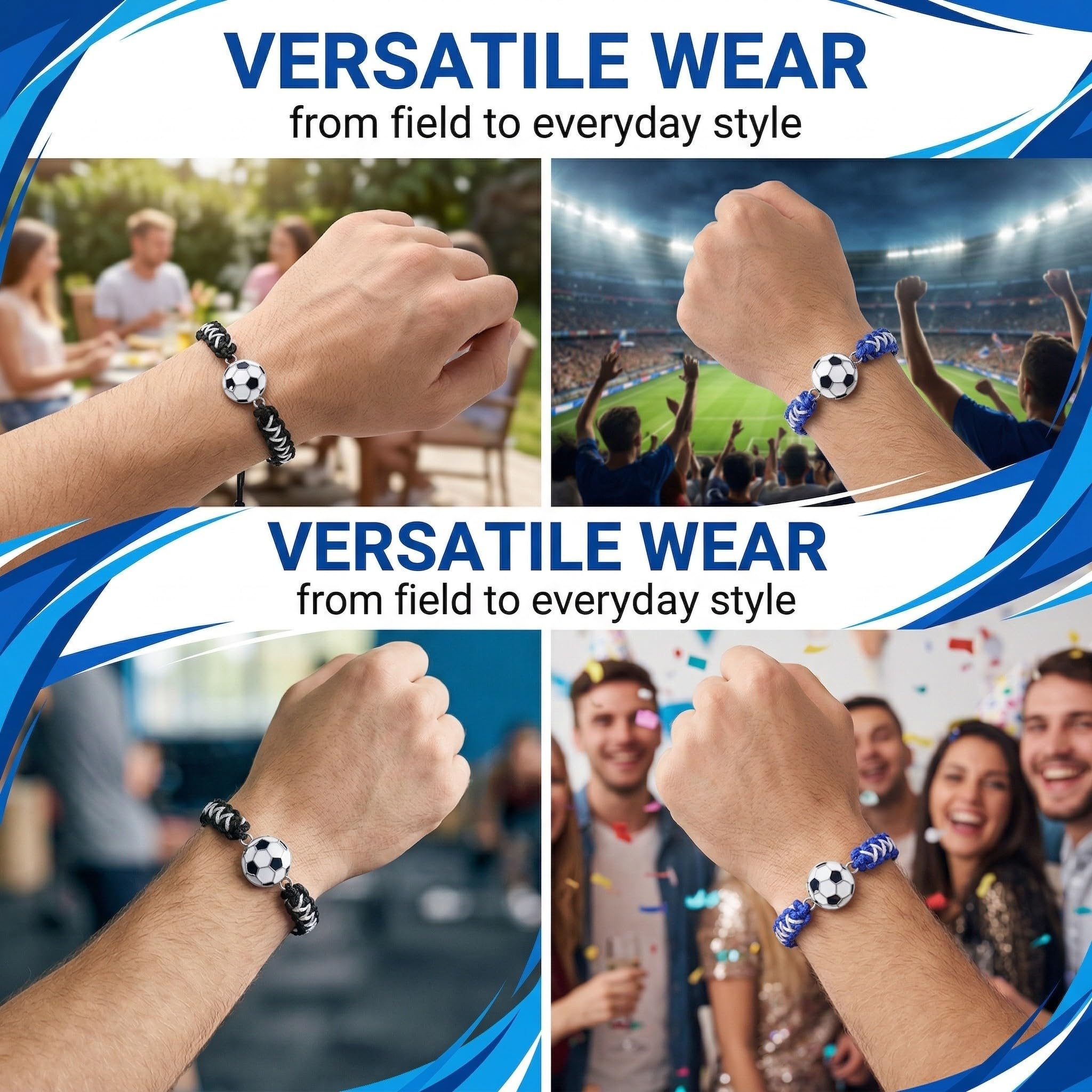 Lot de 2 Bracelets Football Tressés pour Garçon et Enfant, Bracelet d'Amitié Sport Ajustable (14-28cm), Idée Cadeau Anniversaire Footballeur et Supporter, Noir/Blanc et Bleu/Blanc