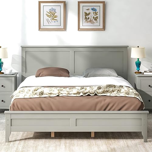 Miniatura 1 de Cama de plataforma Queen de madera maciza gris moderna, marco de cama con cabecero y estribo de estilo moderno, gris