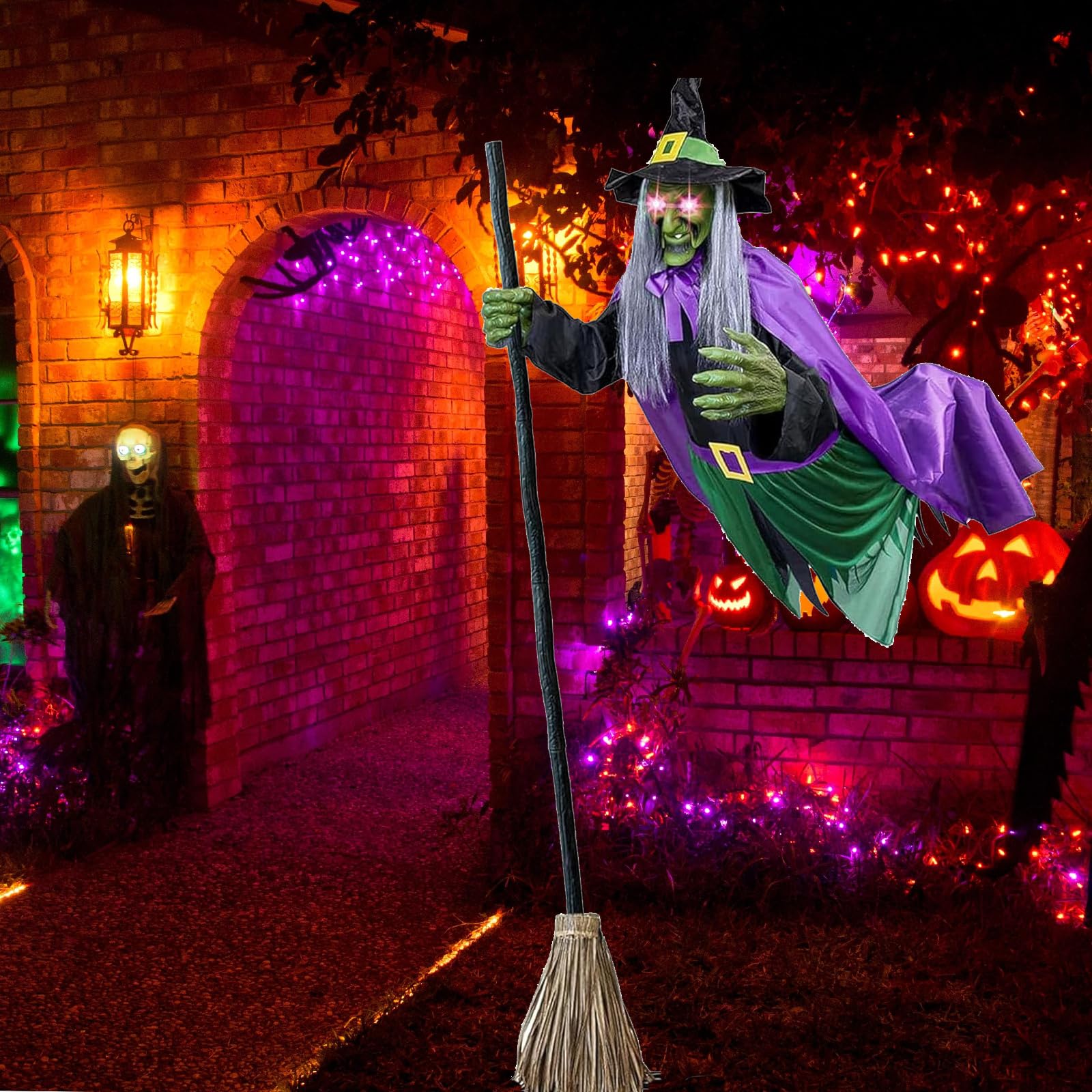 Słynna latająca czarownica na Halloween, 3,7 m, latająca czarownica, dekoracja na Halloween, dekoracje na zewnątrz, unosząca się wiedźma z dźwiękiem i aktywacją, do zbierania aktywności, ogrodu