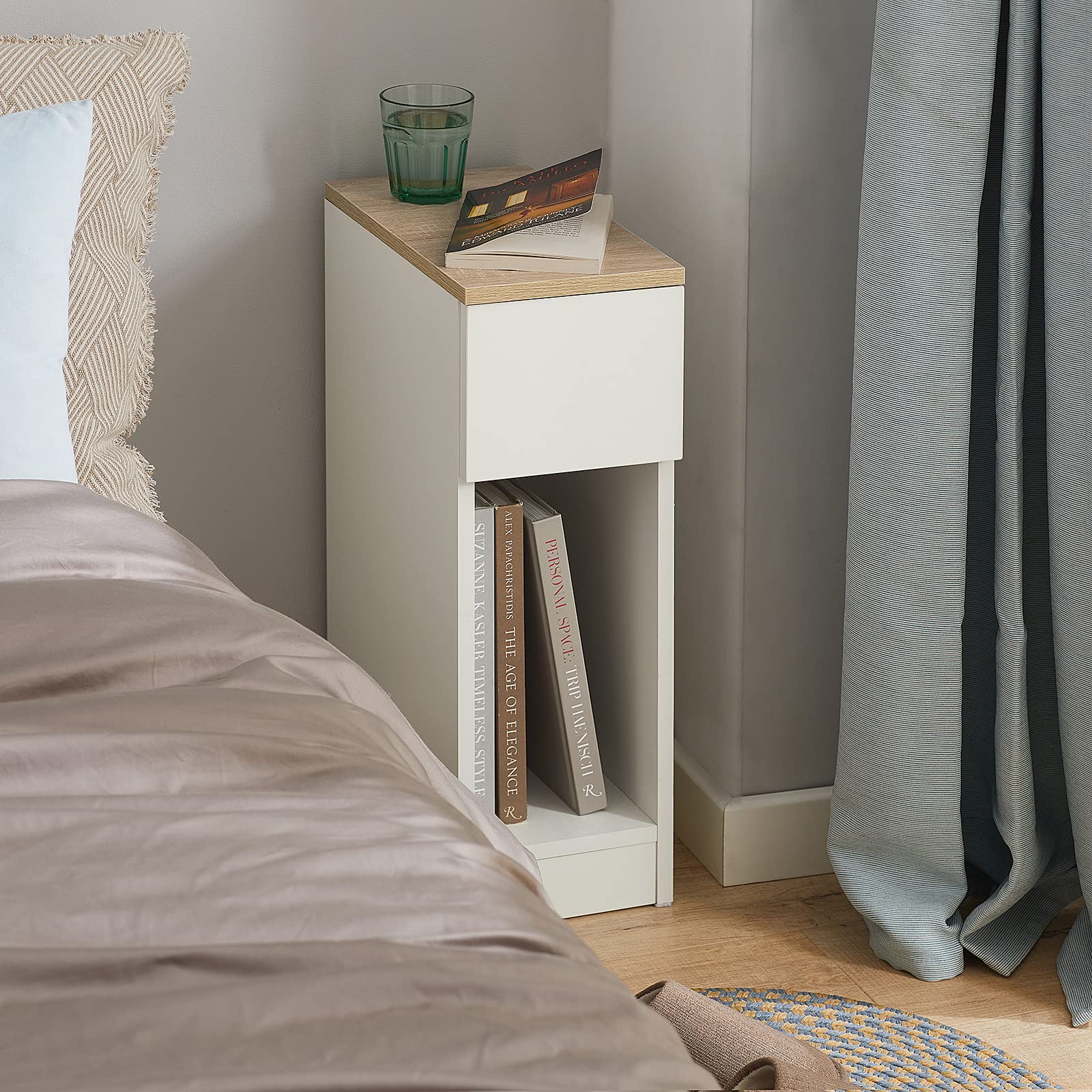 SoBuy Mesita de Noche Estrecha 20 cm con cajón Mesa de Noche ahorradora de Espacio & mesilla de Noche para Espacios pequeños Dormitorio salón Blanco 20x35x60 cm FBT111-WN