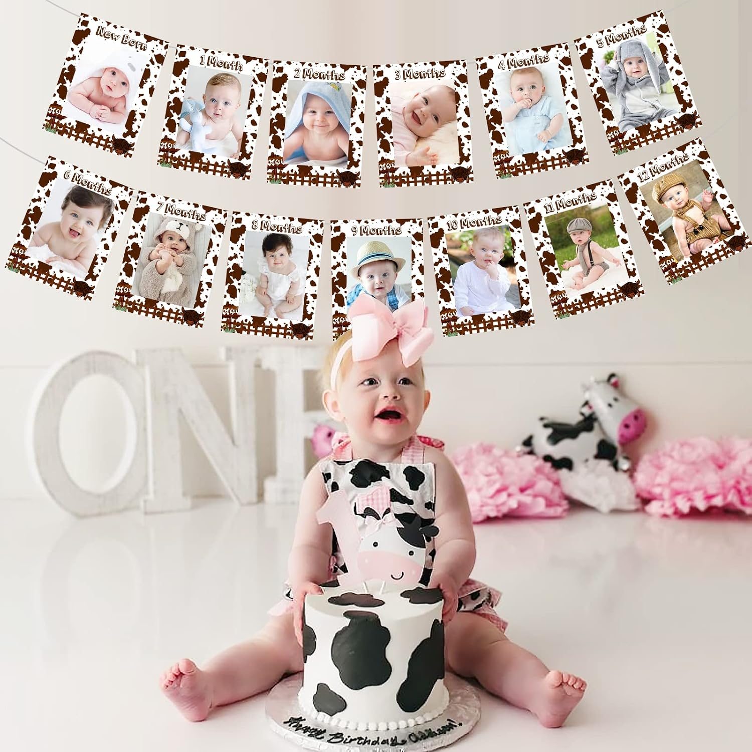 1st Birthday Photo Banner Cowboy Photo Banner - Cow Birthday Banner Decorations Cow Newborn to 12 Month Photo Banner for Baby Girl Boy 1st Farm Theme Birthday Party