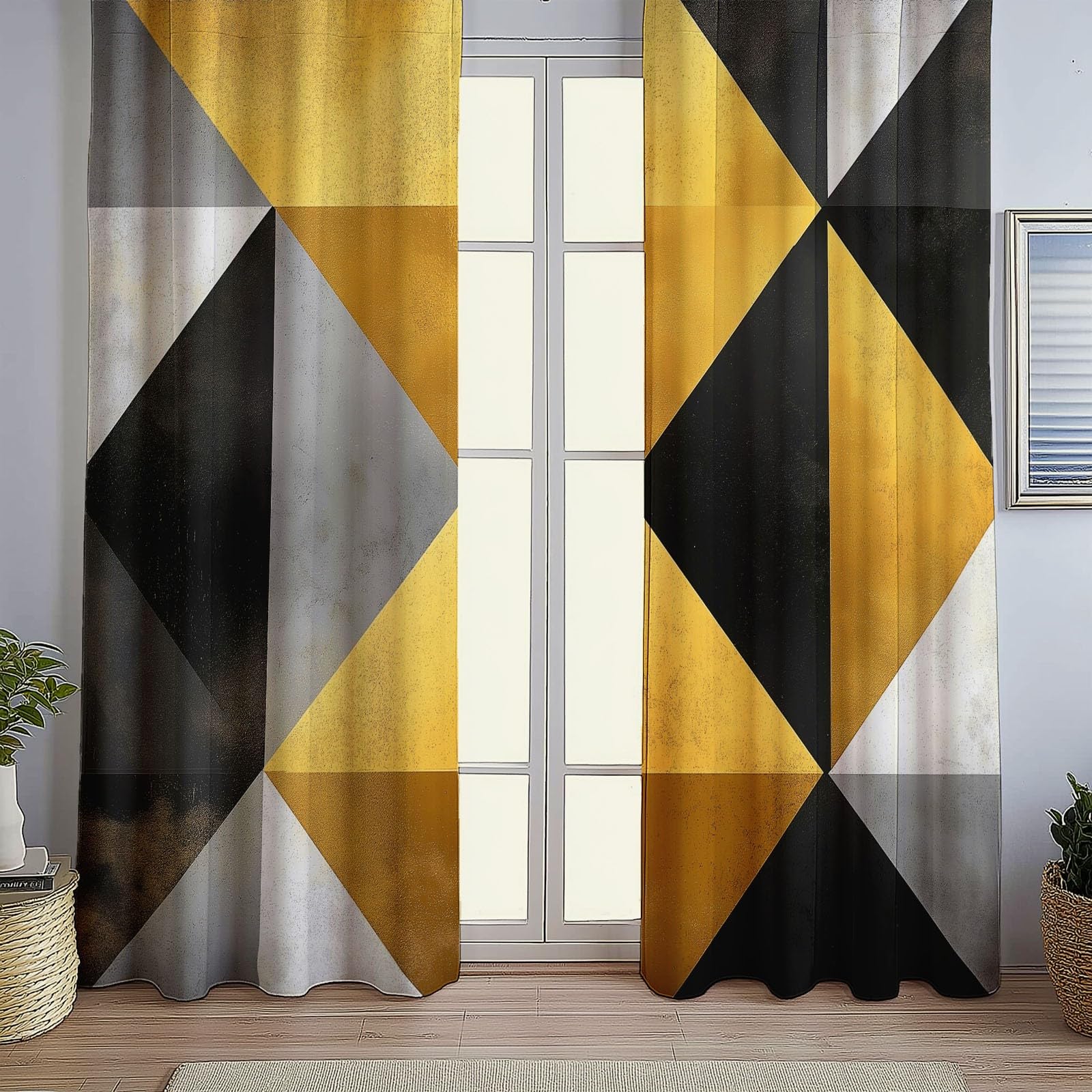 Rideaux Isolants 110L X 215H cm (2 Panneaux), Design Triangles géométriques Abstraits Tenture Opaque Anti-Chaleur pour Chambre Principale, Or Gris