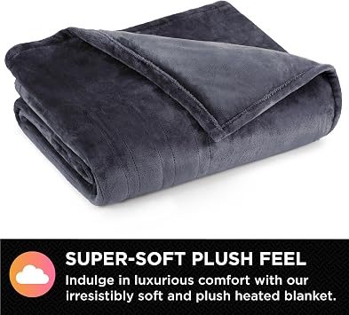 Brookstone Electric Heated Plush Blanket, Twin 62 x 84 in, Gray