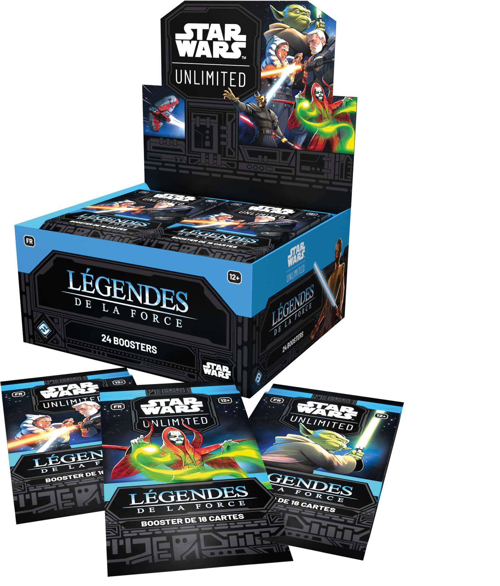 Asmodee - FFG - Gwiezdne Wojny: Unlimited Gra karciana do kolekcjonowania - Legendy Mocy - Pudełko 24 Boosterów - dla dorosłych i dzieci, od 12 lat, 2+ graczy - wersja francuska