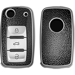 kwmobile Funda para Mando de Coche Compatible con VW Skoda Seat - Carcasa de TPU Tipo Cuero con Botones para Coche - Plata/Negro